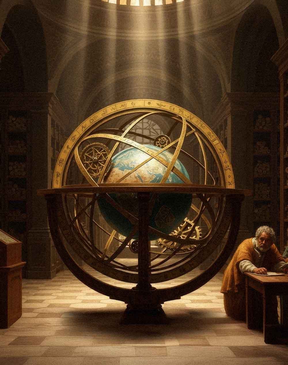 An ornate armillary sphere with a globe at its center illuminated by beams of light in a dimly lit historic library, with a man in a brown robe sitting at a desk nearby.