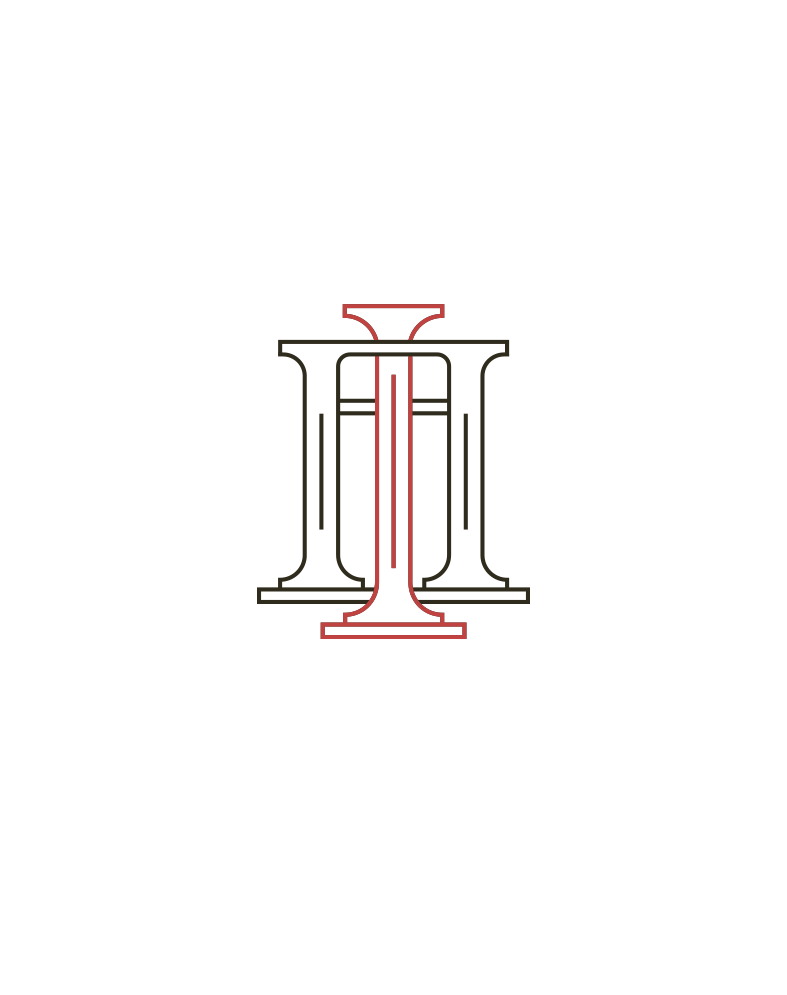 Monogram logo featuring intertwined capital letters I and H in red and black outlines.