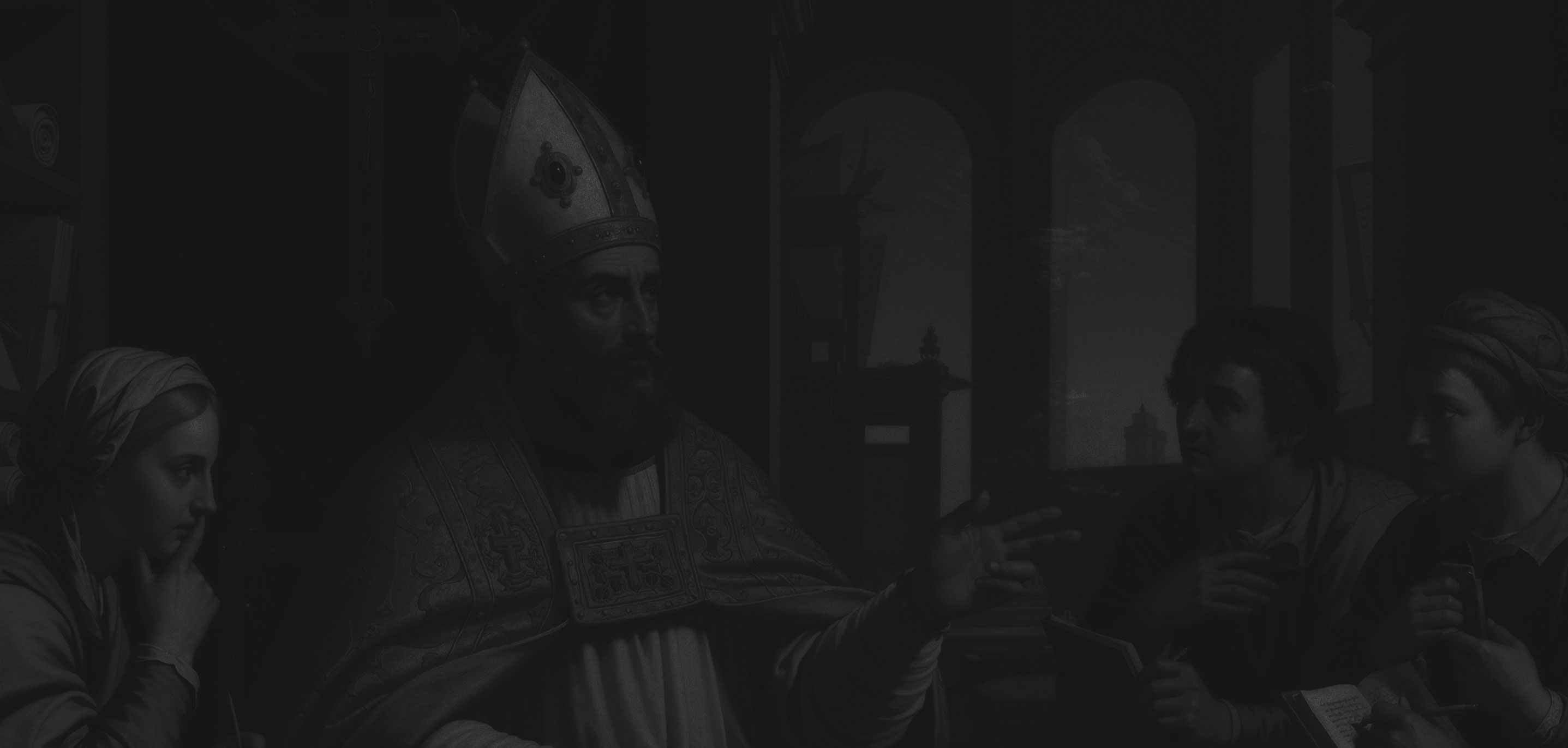 Renaissance-style painting of a bishop or saint in ornate robes speaking to three attentive young individuals holding notebooks inside a building with arched windows.