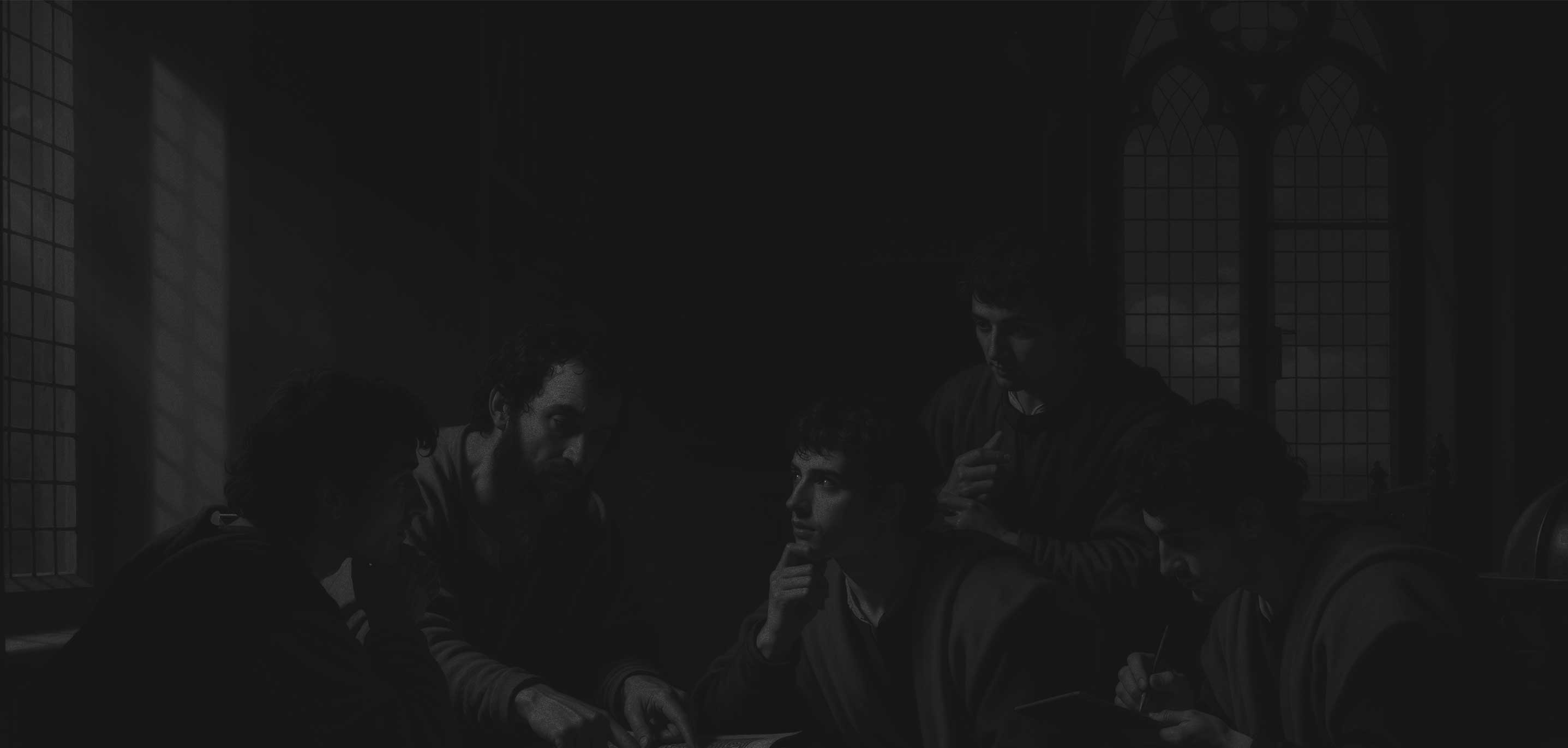 Five men in a dimly lit room, gathered around a table, engaged in discussion and writing, with large gothic windows in the background.