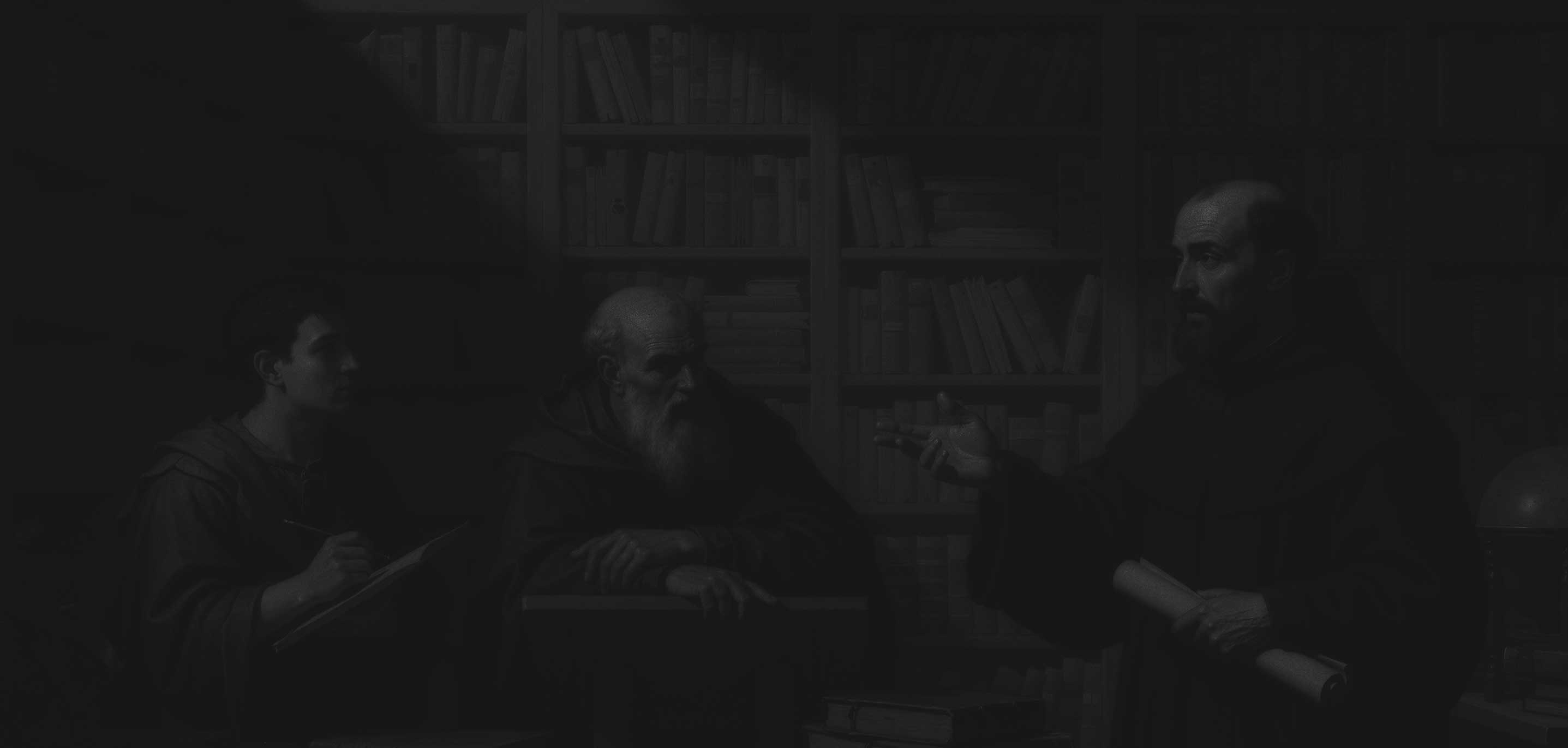 Three men in dark robes engaged in a scholarly discussion in a dimly lit library filled with bookshelves.