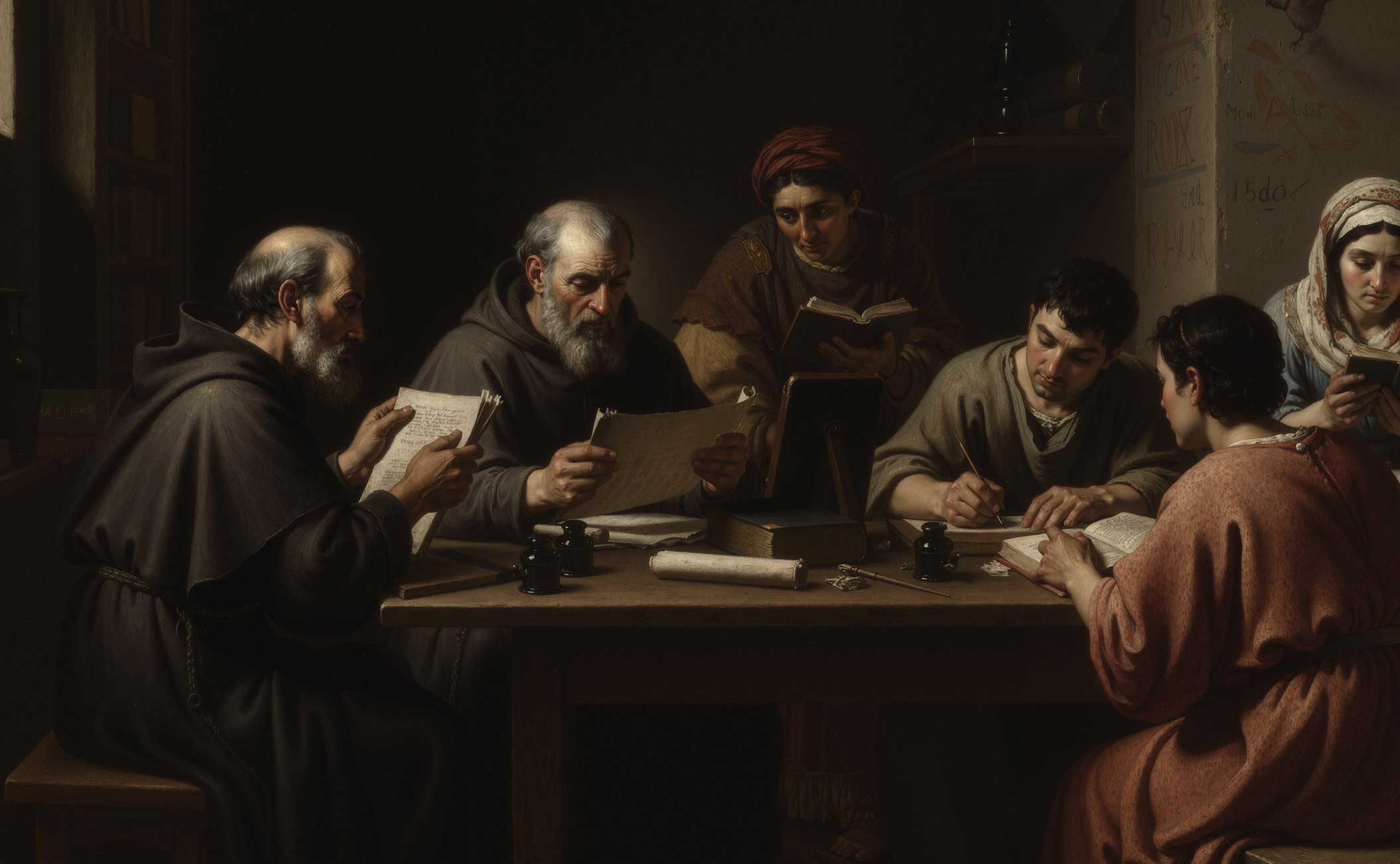 Seven people gathered around a wooden table reading and writing, illuminated by dim light in a dark room.