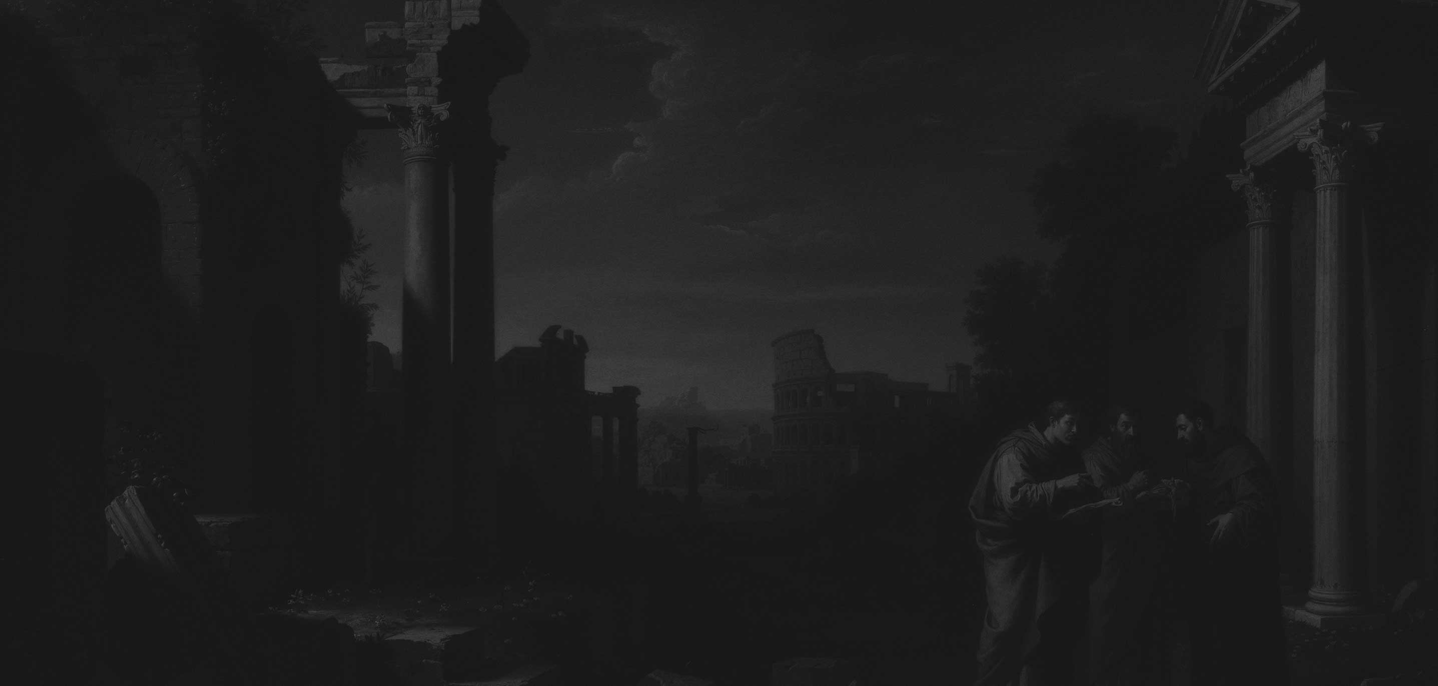 Three men in robes standing among ancient Roman ruins with the Colosseum visible in the background at dusk.