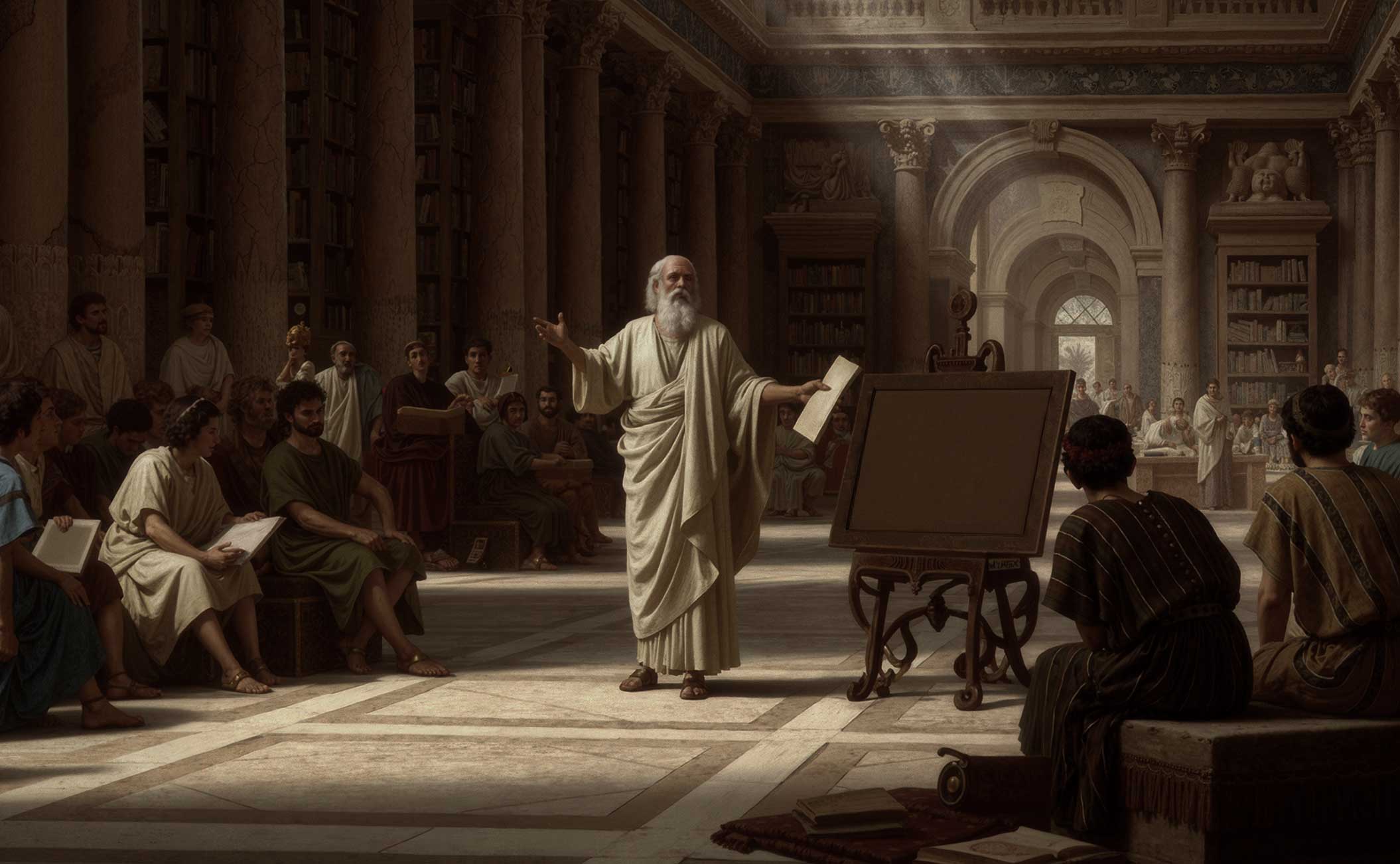 Ancient Greek philosopher speaking to a seated audience in a grand hall with columns and murals.
