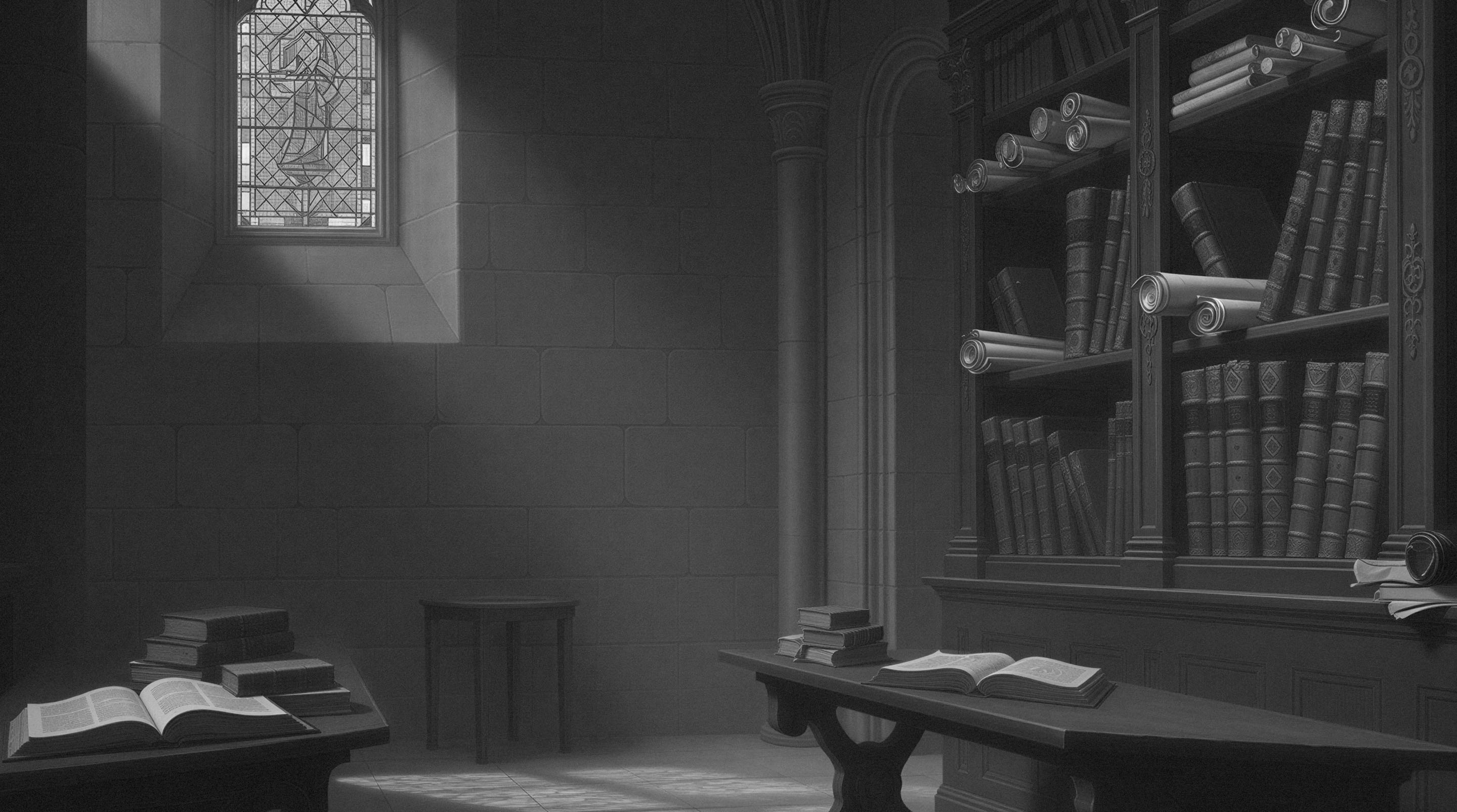Dimly lit old library room with stone walls, stained glass window, wooden tables holding open books and stacked volumes, and a large bookshelf filled with rolled scrolls and leather-bound books. This is the backdrop for the call to begin your PhD Research path with the Alexandrian Institute.