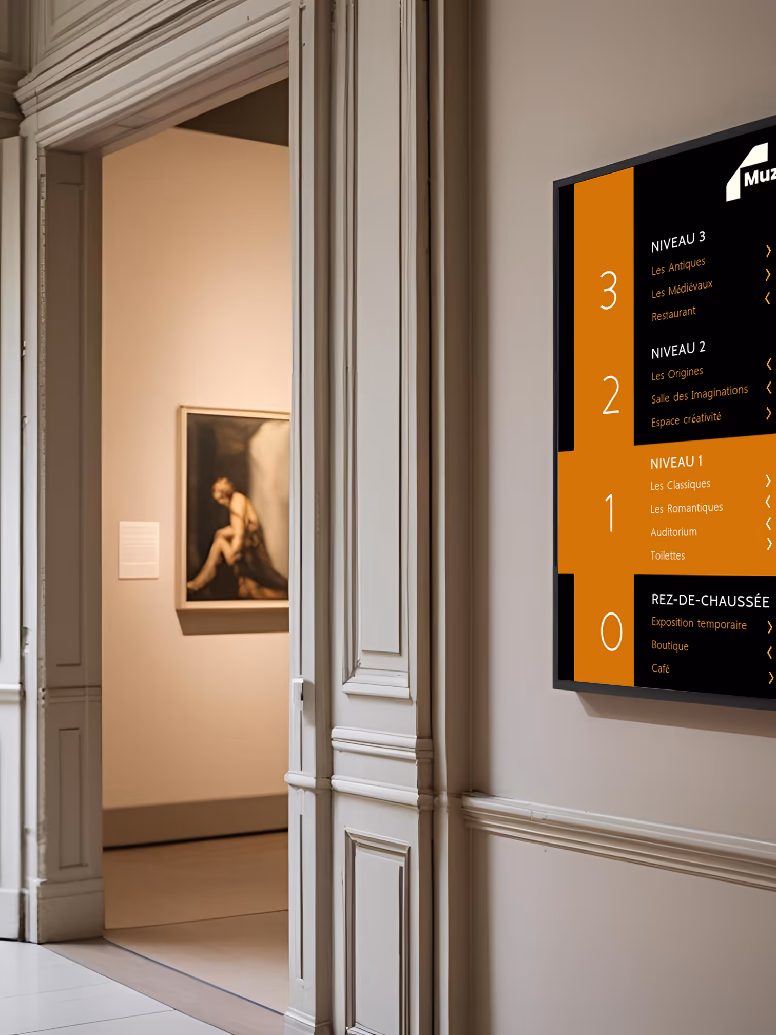 Un des cas d'usage parfaits de MuzeoTag concerne la signalétique dans les espaces de musées, de galeries ou d'exposition. MuzeoTag permet de positionner des panneaux signalétiques réinscriptibles aux endroits clés sur le parcours de vos visiteurs, en gardant la possibilité de les modifier à tout moment.