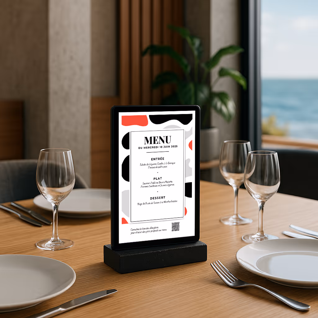 Le menu de table TablTag est une étiquette ePaper à encre numérique de 10,2 pouces et est adaptée pour renouveler automatiquement vos menus. De la taille d'une tablette, il a une autonomie de plusieurs années sans câblage ni recharge.