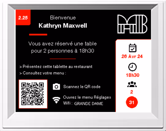 Le TablTag ePaper à encre numérique mis en place au restaurant Madame Brasserie affiche les informations de réservation du convive (date, menu, accès wifi), ainsi que les informations utile à l'accueil du restaurant (n° de réservation et de table)