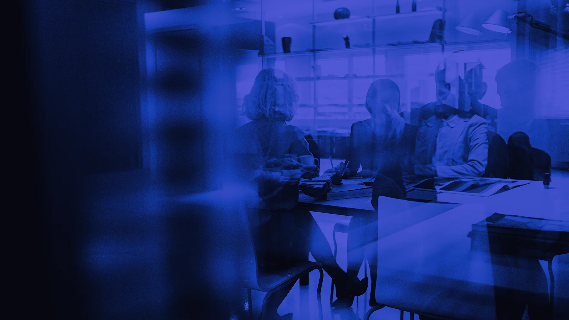 People meeting blue background