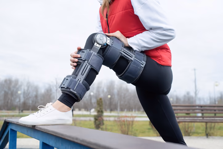Woman wearing a hinged range of motion knee brace, stretching her leg outdoors.