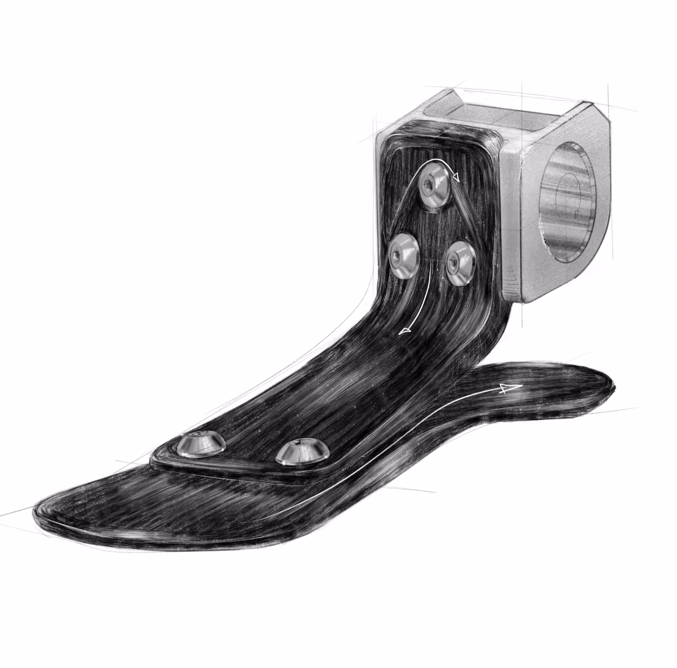 Design sketch of a carbon fiber prosthetic foot with footplate, spring element and metal connector