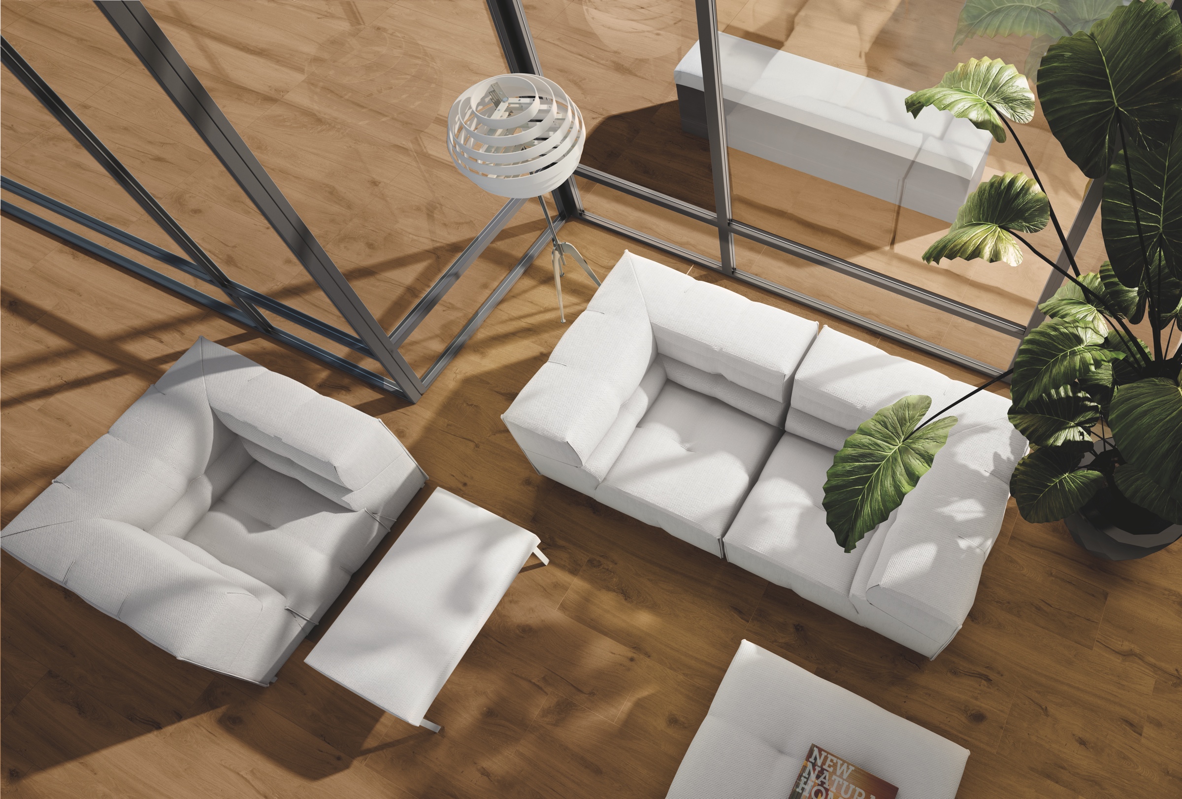 Salon avec un carrelage effet bois