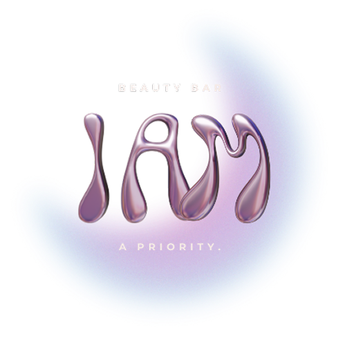 Logo von I AM A PRIORITY – Beauty Bar in flüssiger Schrift mit leuchtendem Halo-Effekt auf dunklem Hintergrund.