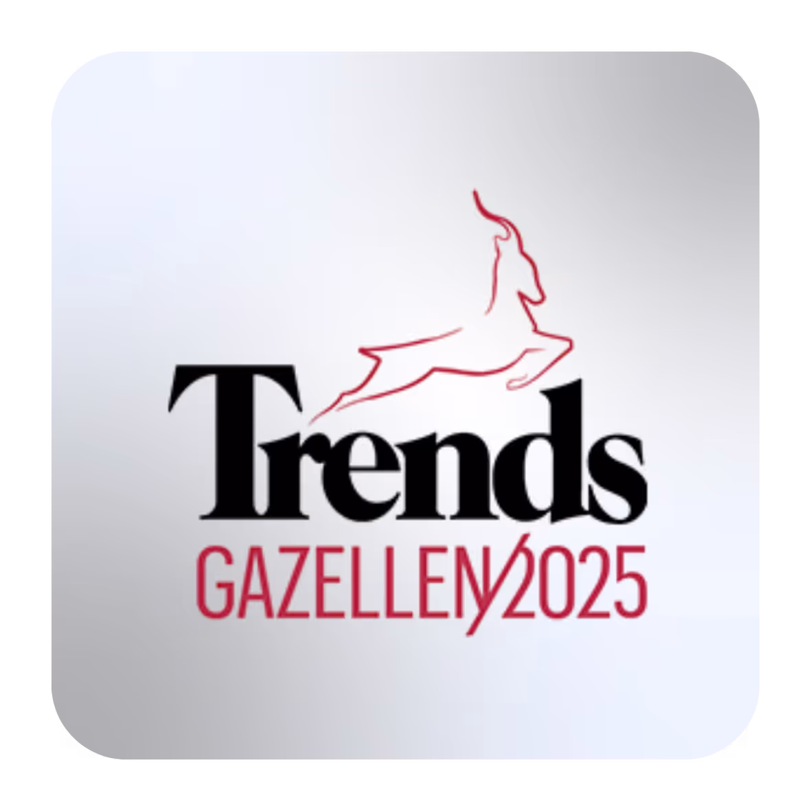 Certificaat met een rode gazelle, 'Trends' in zwarte letters en daaronder in rode letters 'Gazellen/2025'.