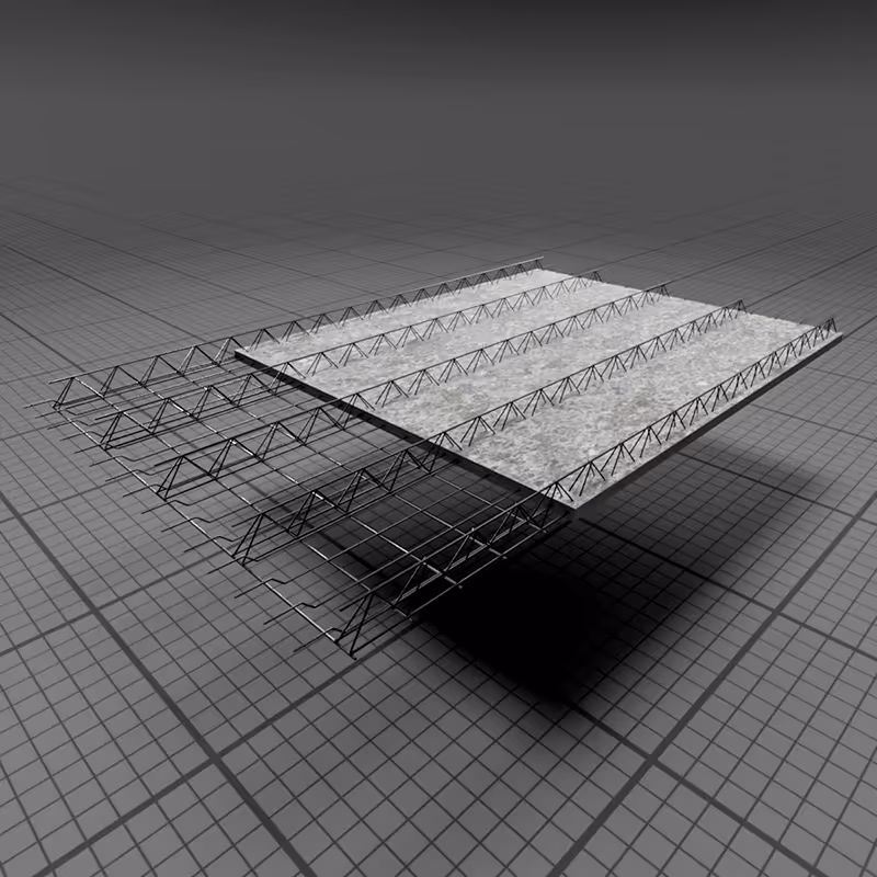 Model konstrukcyjny stropu filigran, pokazujący cienką płytę prefabrykowaną połączoną ze stalowymi dźwigarami kratownicowymi.
