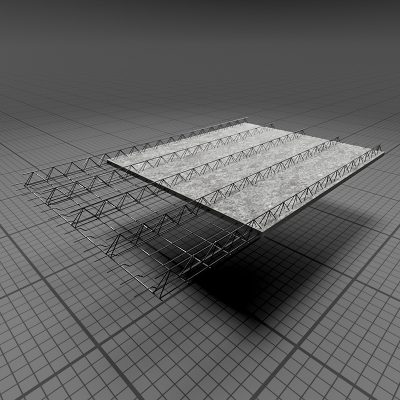 Model konstrukcyjny stropu filigran, pokazujący cienką płytę prefabrykowaną połączoną ze stalowymi dźwigarami kratownicowymi.