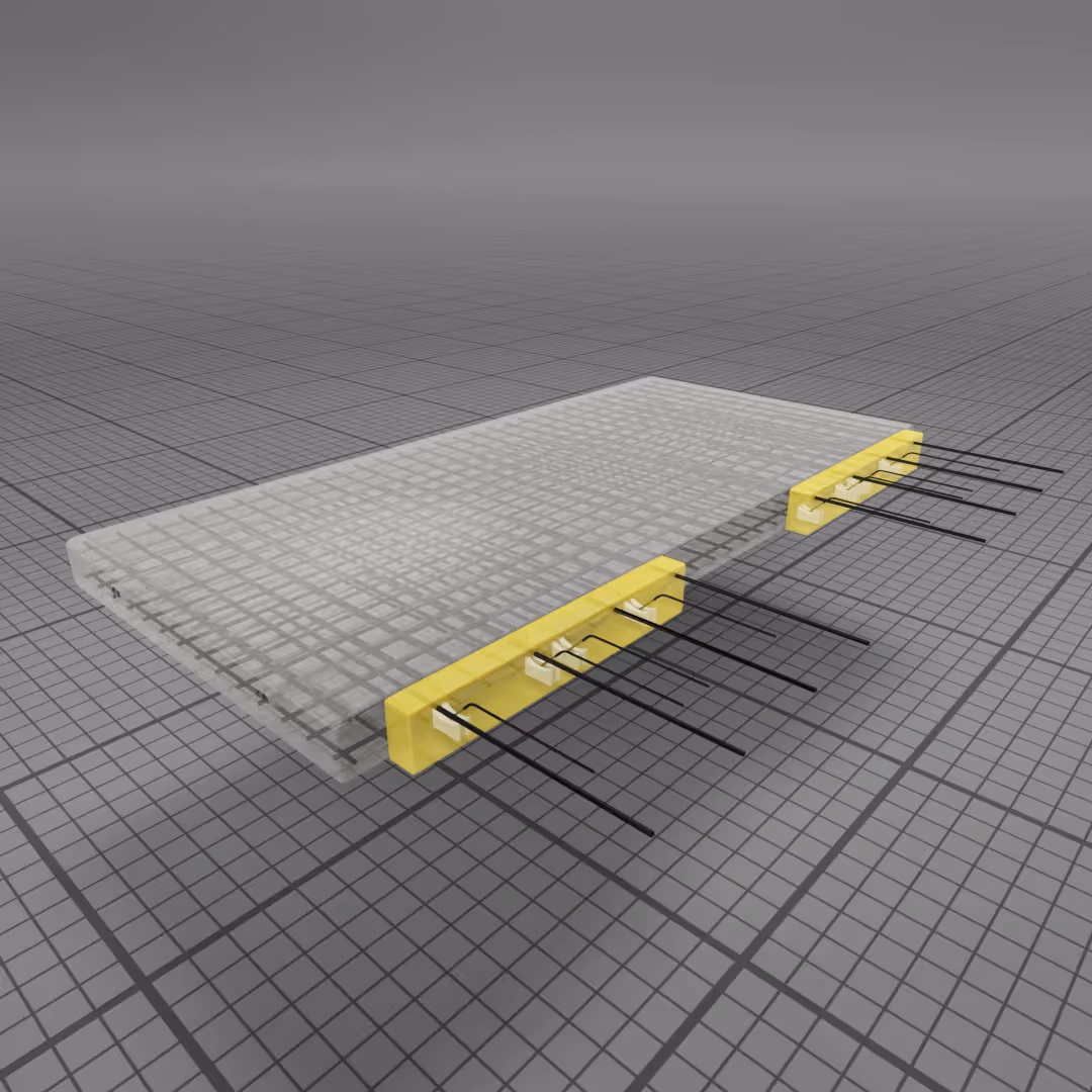 Przekrój prefabrykowanej płyty balkonowej z wbudowanym zbrojeniem i warstwą izolacji termicznej.