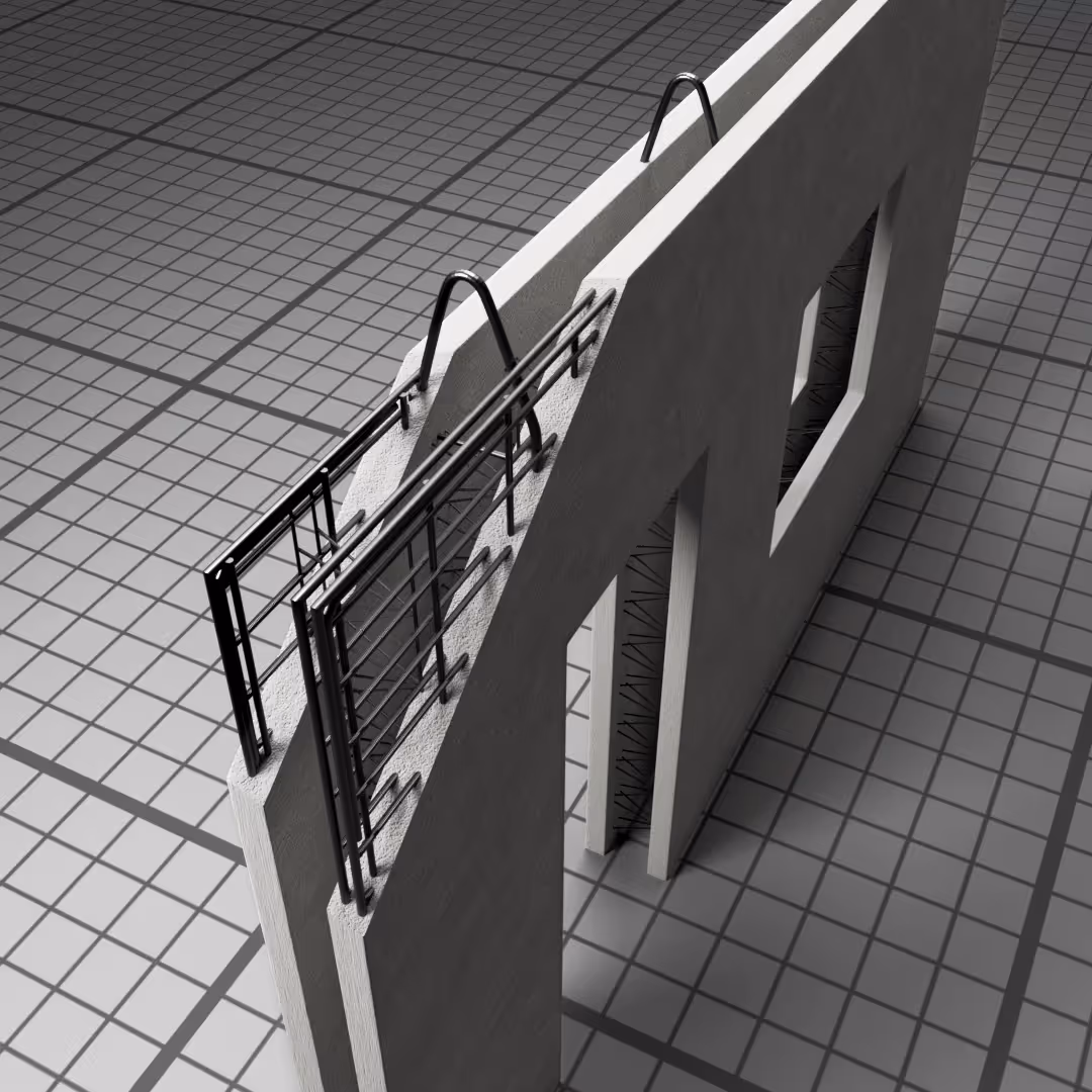 Wizualizacja prefabrykatu betonowego ściany zespolonej, gotowej do szybkiego montażu na budowie.