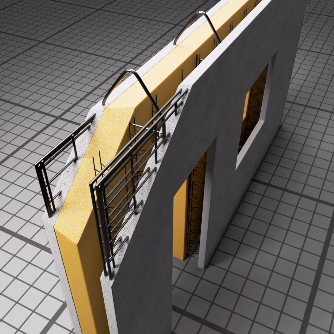 Model podwójnego prefabrykatu ściany zespolonej z wbudowaną izolacją termiczną.