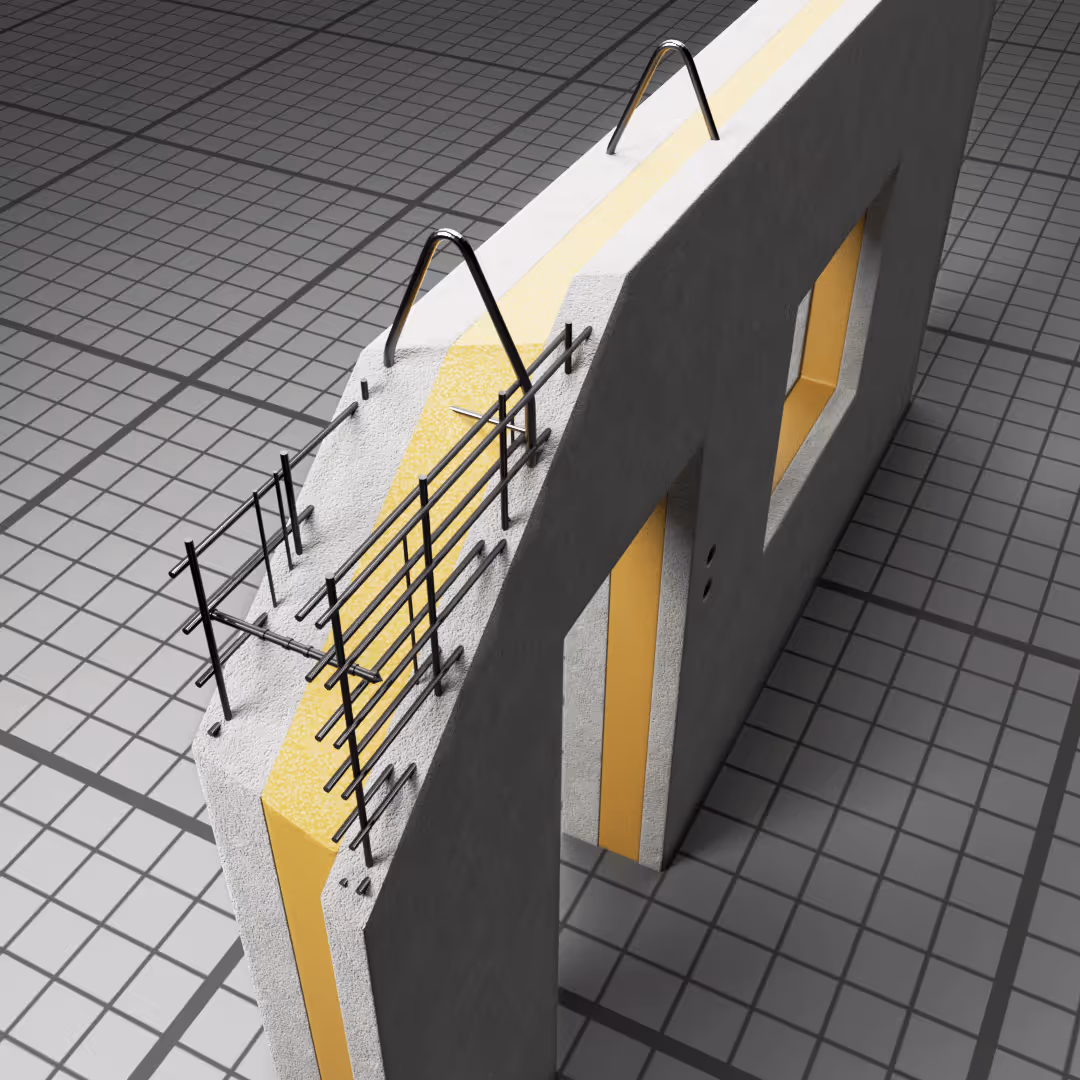 Przekrój ściany trójwarstwowej z prefabrykatów betonowych z widoczną warstwą izolacji termicznej.