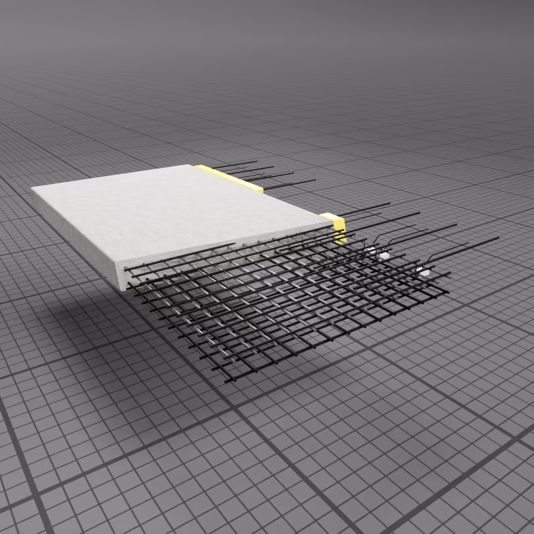 Przekrój prefabrykowanej płyty balkonowej z wbudowanym zbrojeniem i warstwą izolacji termicznej.