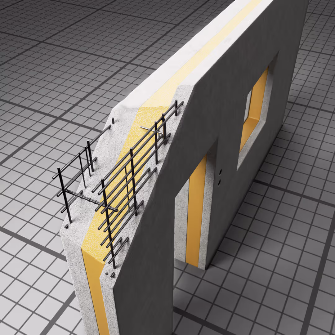 Przekrój ściany trójwarstwowej z prefabrykatów betonowych z widoczną warstwą izolacji termicznej.