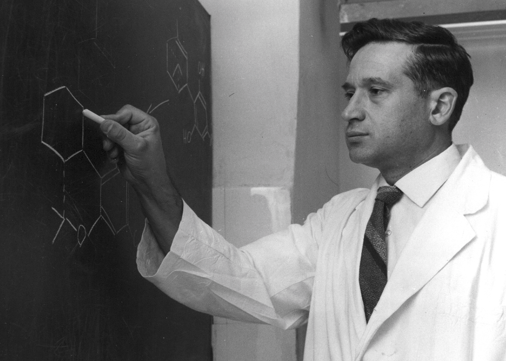Professor Raphael Mechoulam in his laboratory writing formulae on a chalk board