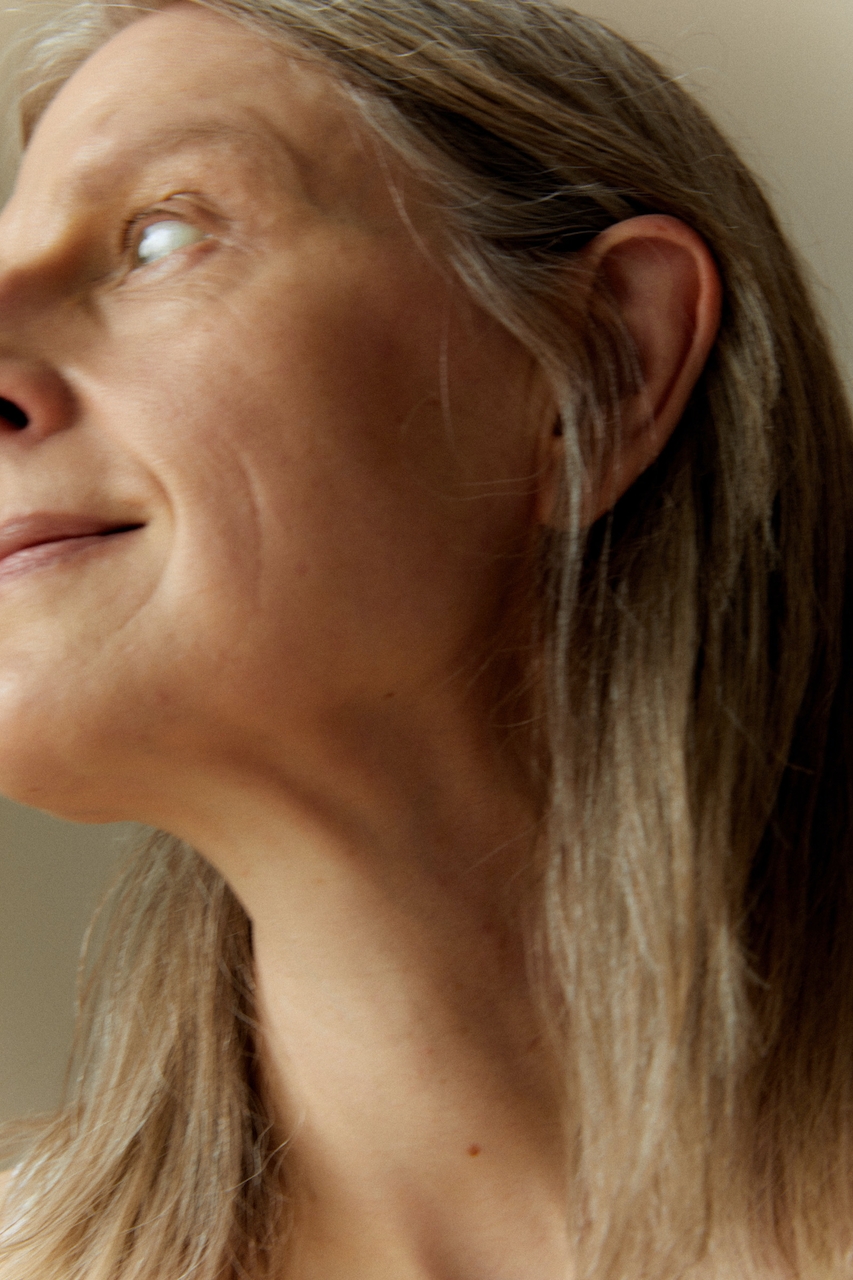 Close up of a woman with grey hair