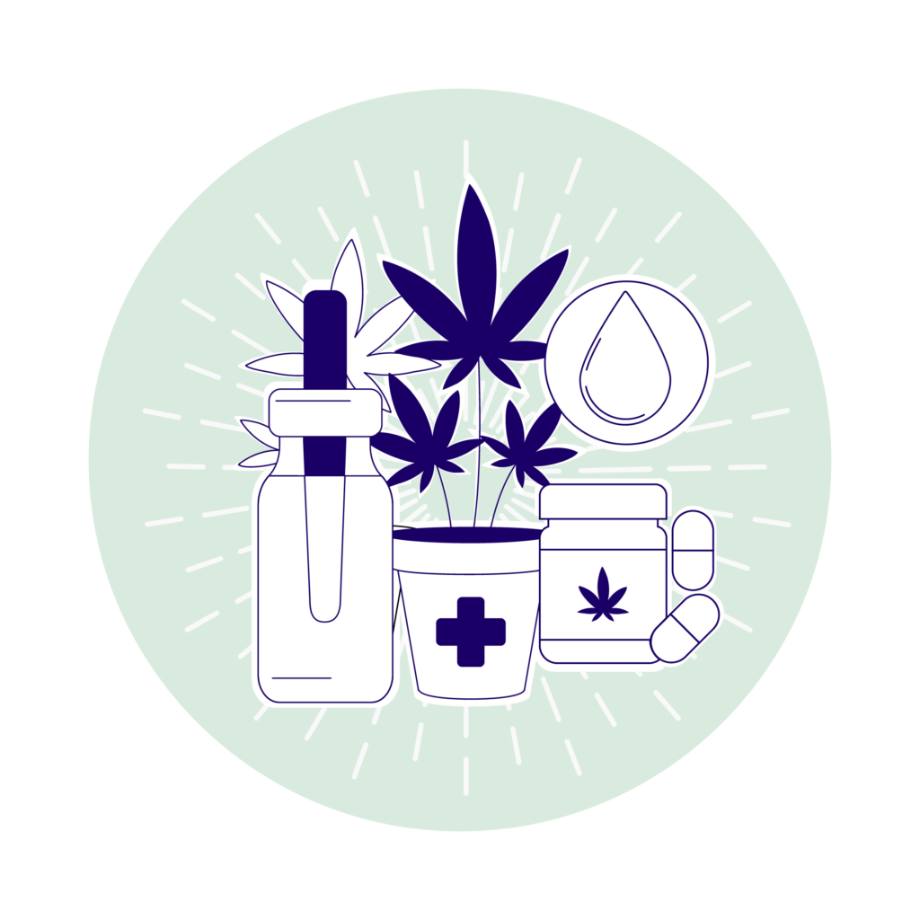 An illustrated image with various forms of cannabis-based medicine, including a CBD oil bottle, a pot of flower, capsules, and a cannabis plant.