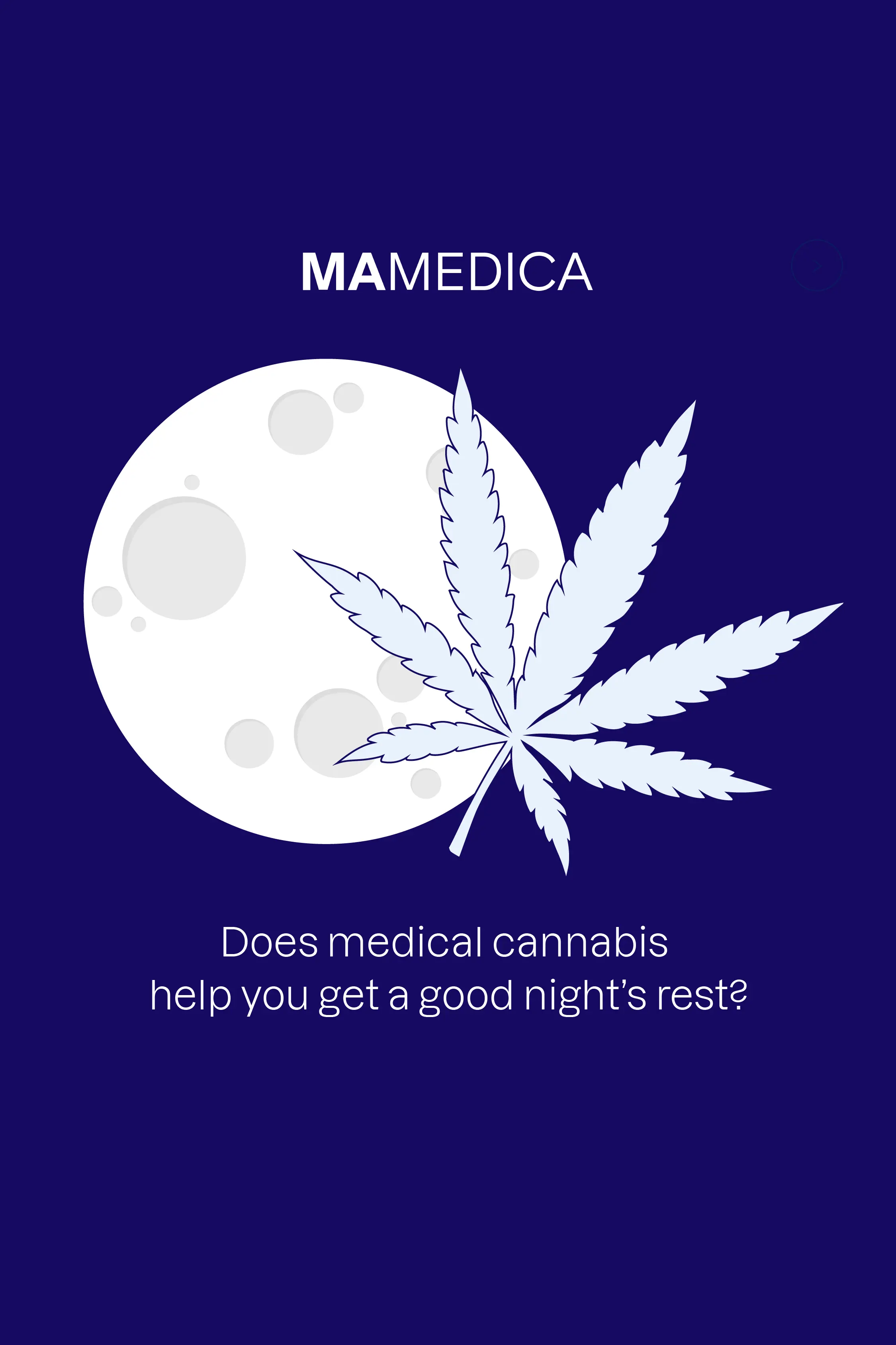 An illustration of a cannabis leaf overlaid on a moon, with the text 'Does medical cannabis help you get a good night's rest?'