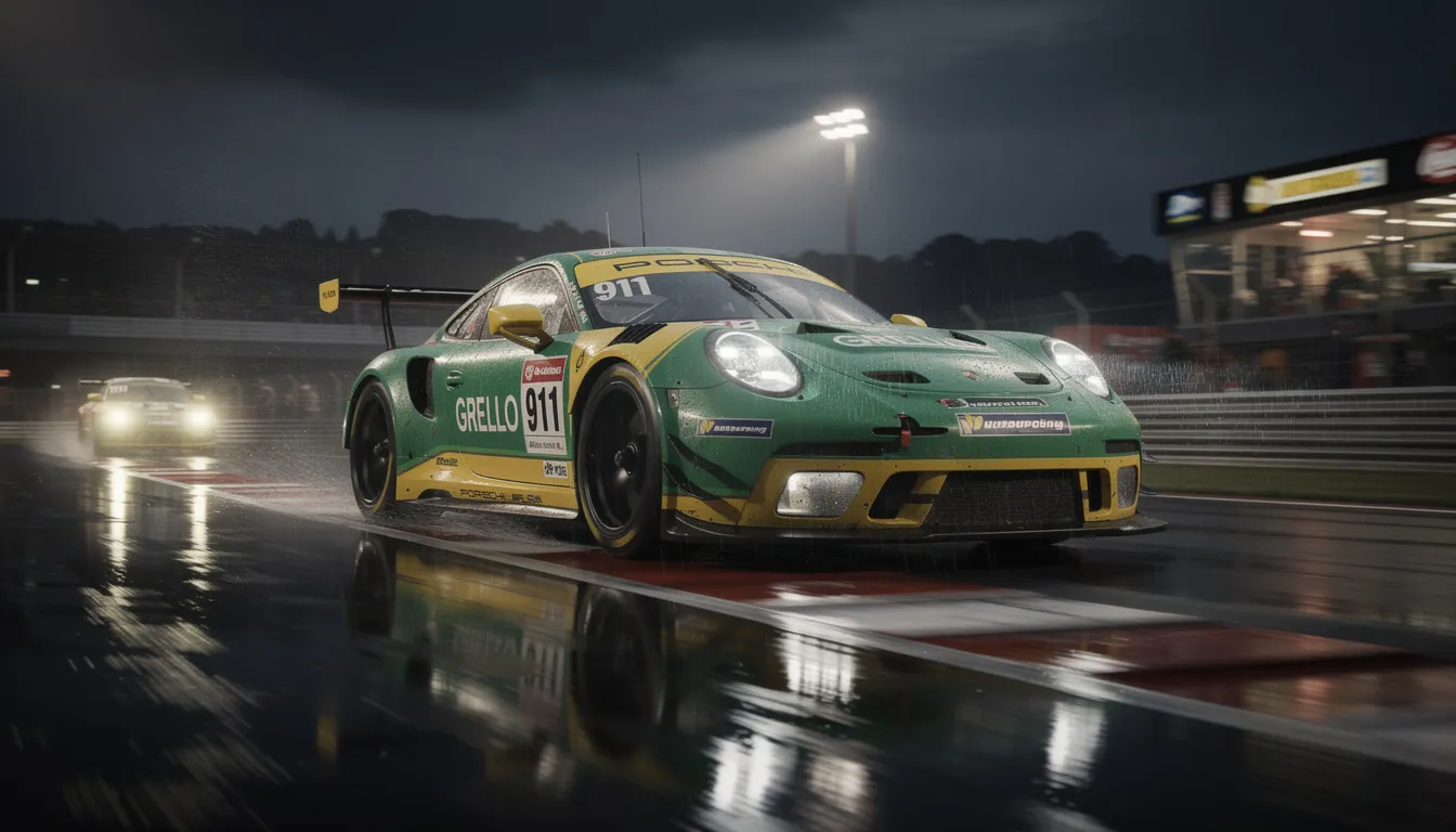 Ein grüner und gelber Porsche 911 GT3 R mit der Startnummer 911, bekannt als "Grello", fährt bei Nacht im 24-Stunden-Rennen am Nürburgring. Dramatische Beleuchtung und ein nasser Asphalt verleihen der Szene eine dynamische Atmosphäre, während das Fahrzeug in Bewegung verschwommen ist, was die Leistung und Geschwindigkeit dieses Supersportwagens unterstreicht.