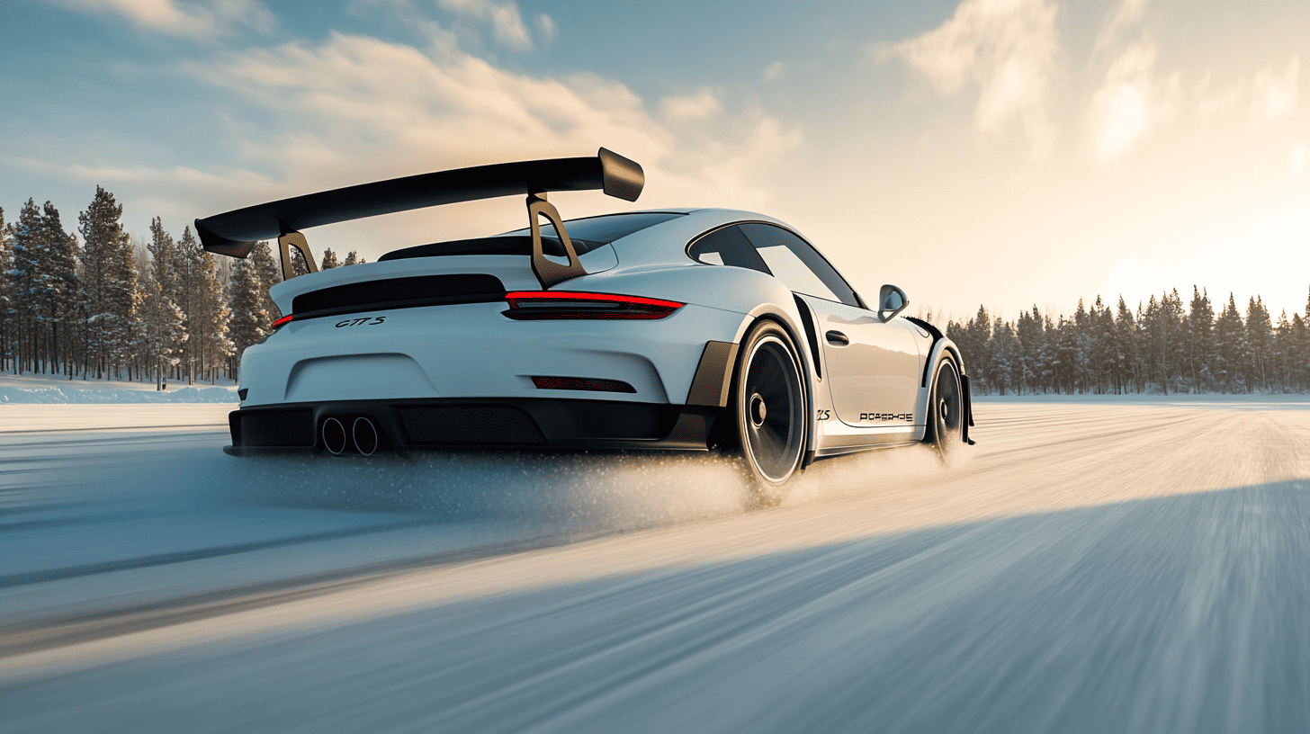 Snow Drift mit Porsche GT3 RS auf gefrorenem See in Lappland