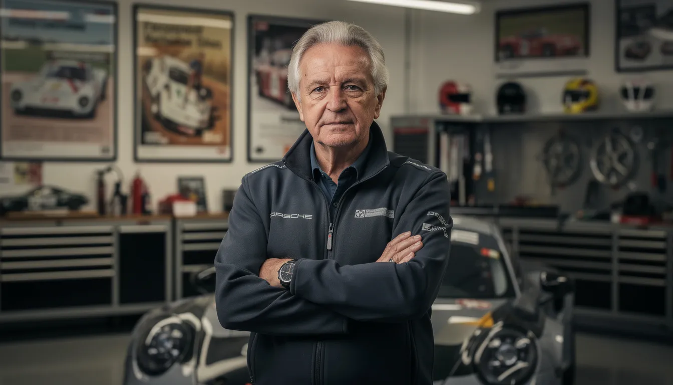 Das Porträt zeigt einen angesehenen deutschen Motorsport-Teamgründer in seinen 60ern, umgeben von Porsche-Memorabilien in einer Rennteam-Garage. Die professionelle Beleuchtung und der dokumentarische Stil betonen seine Leidenschaft für Hochleistungsfahrzeuge und die Erfolge seines Teams, das eng mit der Marke Porsche und dem GT3 RS Manthey Kit verbunden ist.