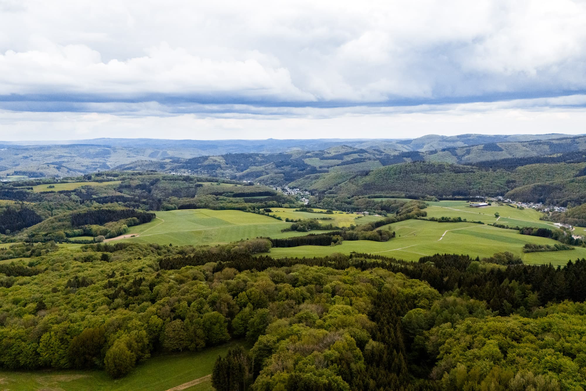 Aerial drone panorama of the Nürburgring circuit and Eifel landscape during an ESC Trackday event