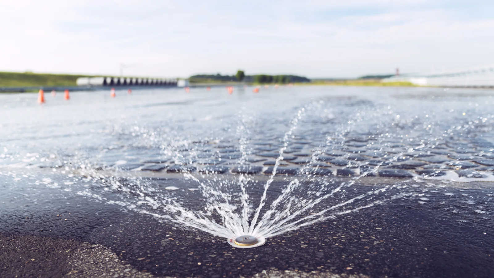 Wasserdüse bewässert die Sonderstrecke im Prüfzentrum Boxberg