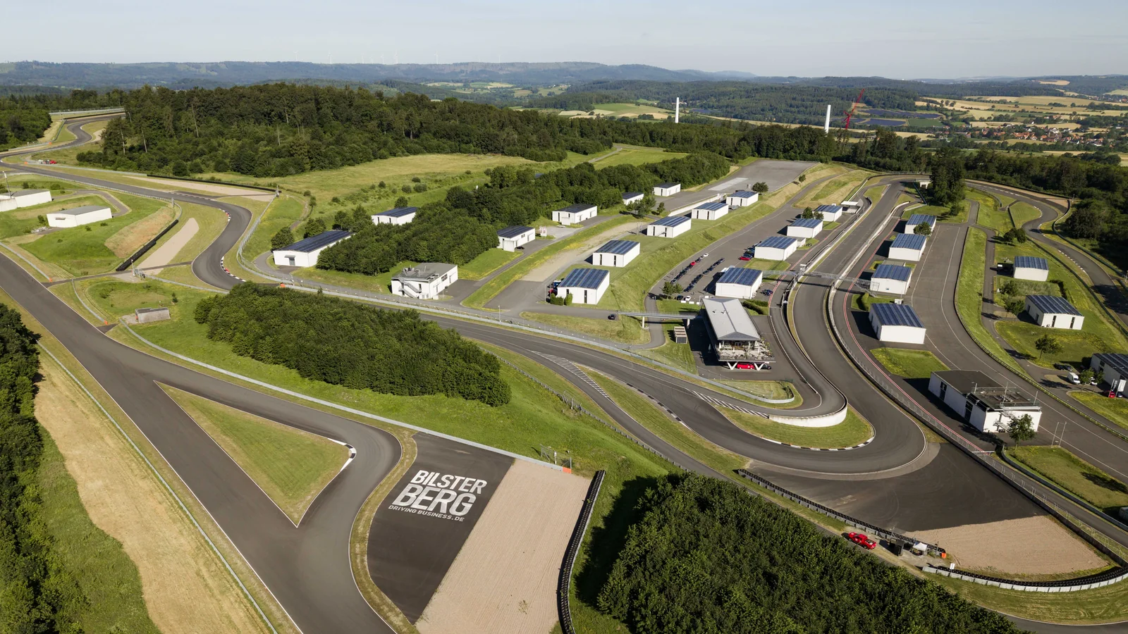 Aerial view of the Bilster Berg circuit with paddock and track layout during an ESC track day