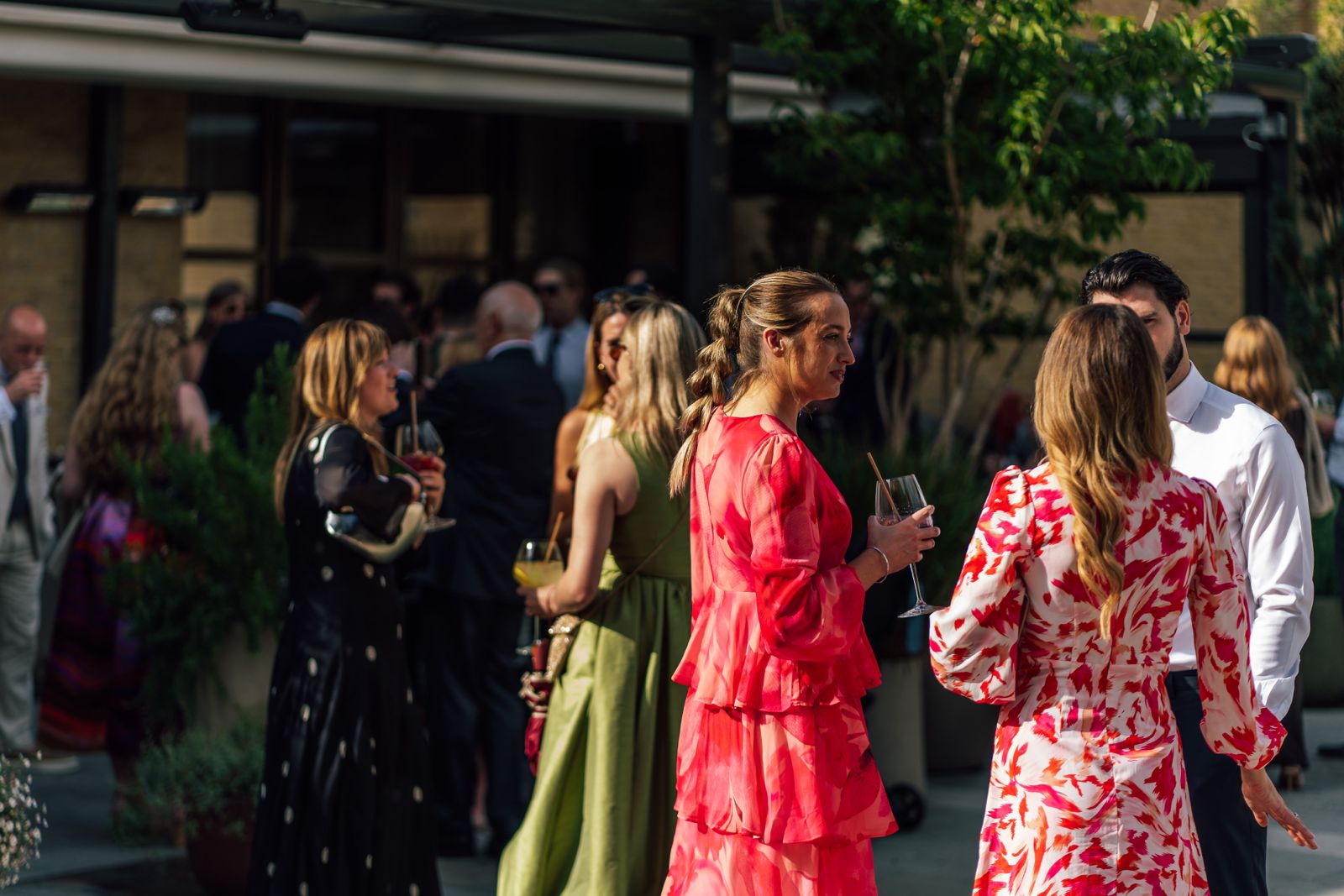 Sunlit indoor dining space with patterned benches, wooden tables, and an olive tree surrounded by lush greenery
