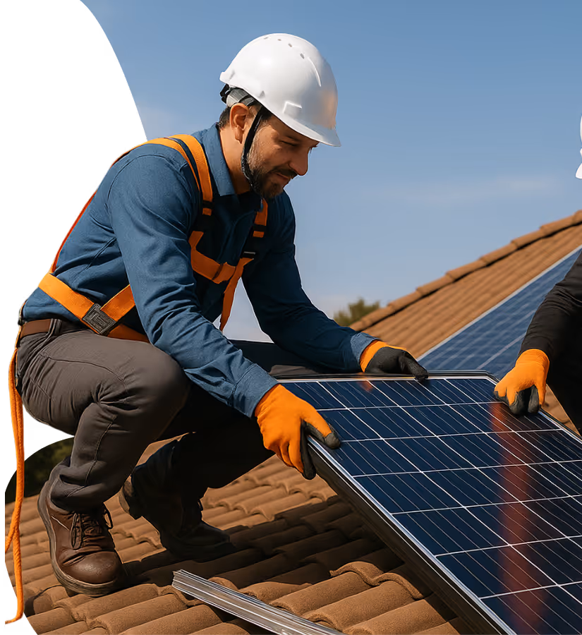 Un homme fixe des panneaux solaires sur le toit d'une maison 