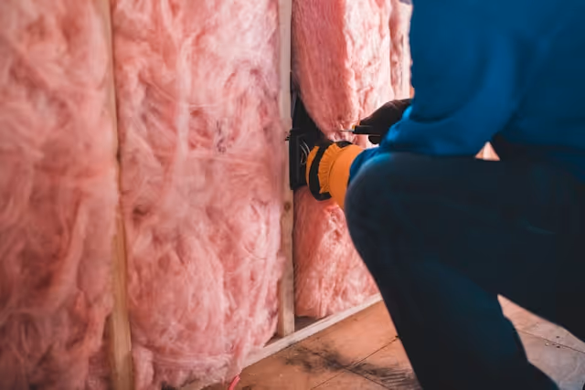 Un homme est en train de découper un mur d'isolant rose.