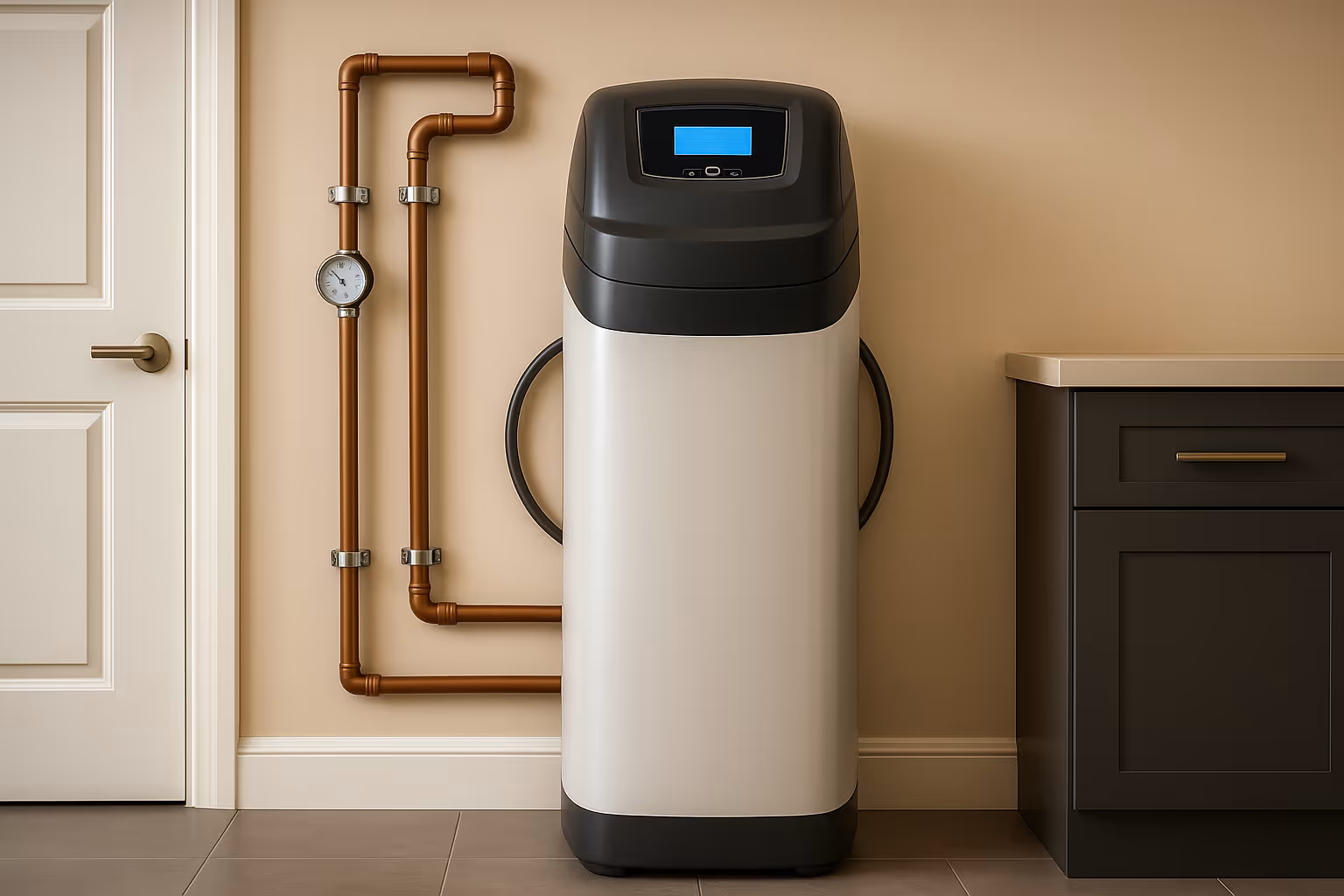 Un chauffe-eau avec un écran bleu et une horloge au mur.