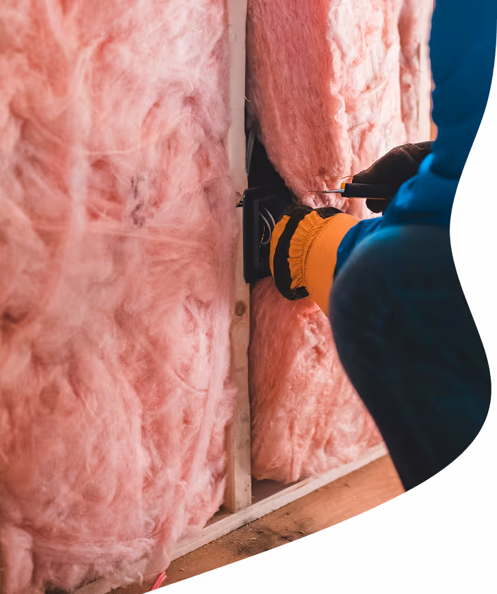 Un homme est en train d'isoler un mur avec un isolant rose.