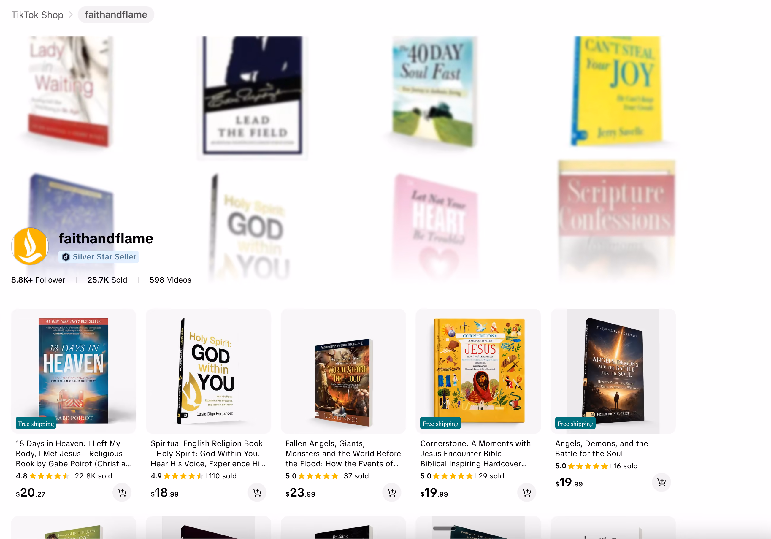 TikTok Shop faithandflame offers religious books including 18 Days in Heaven and Holy Spirit: God Within You.