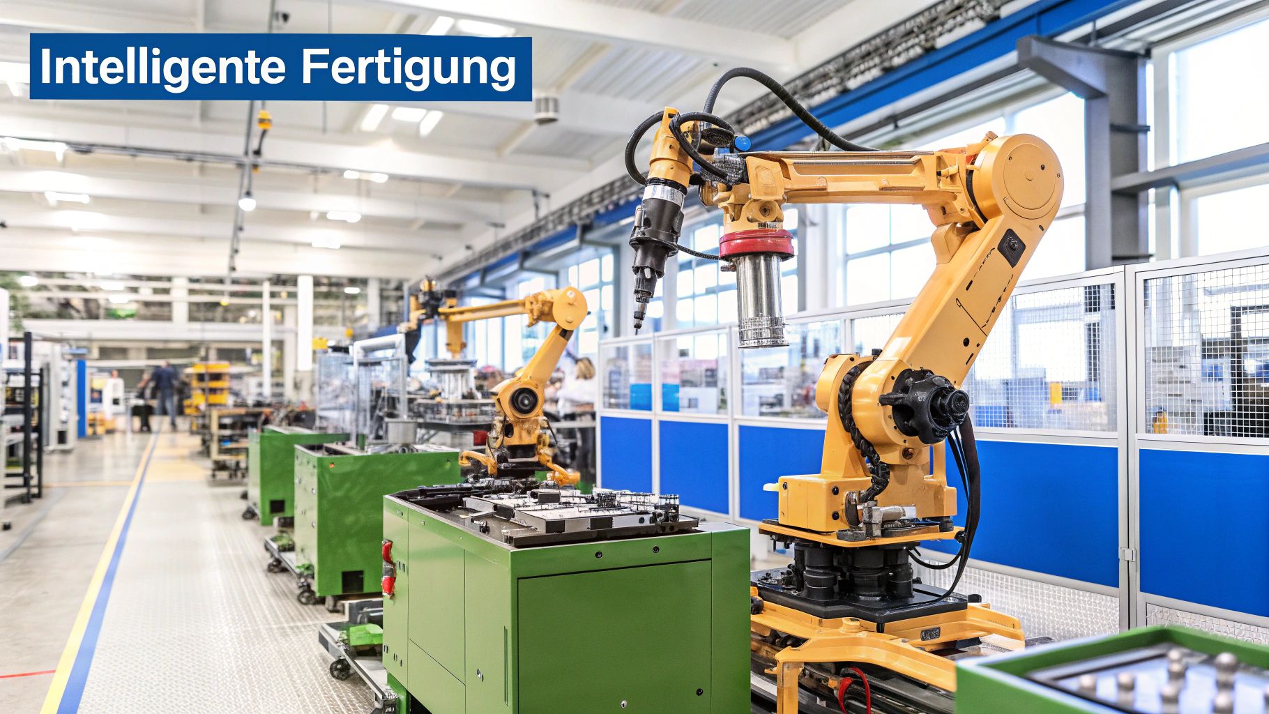 Intelligente Roboterarme in einer modernen Fabrikhalle, die Smart Manufacturing symbolisieren.