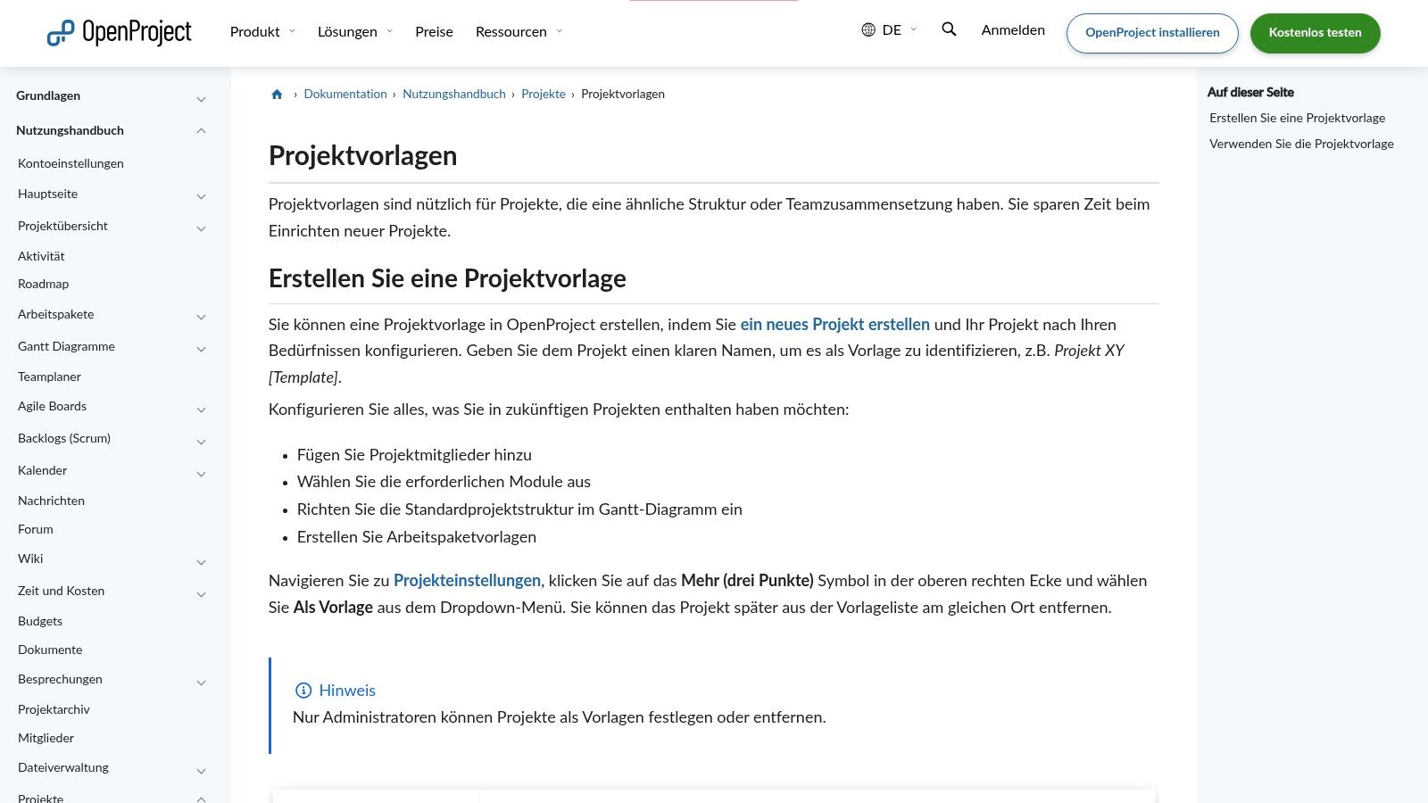 OpenProject (DE) – Projektvorlagen im Tool