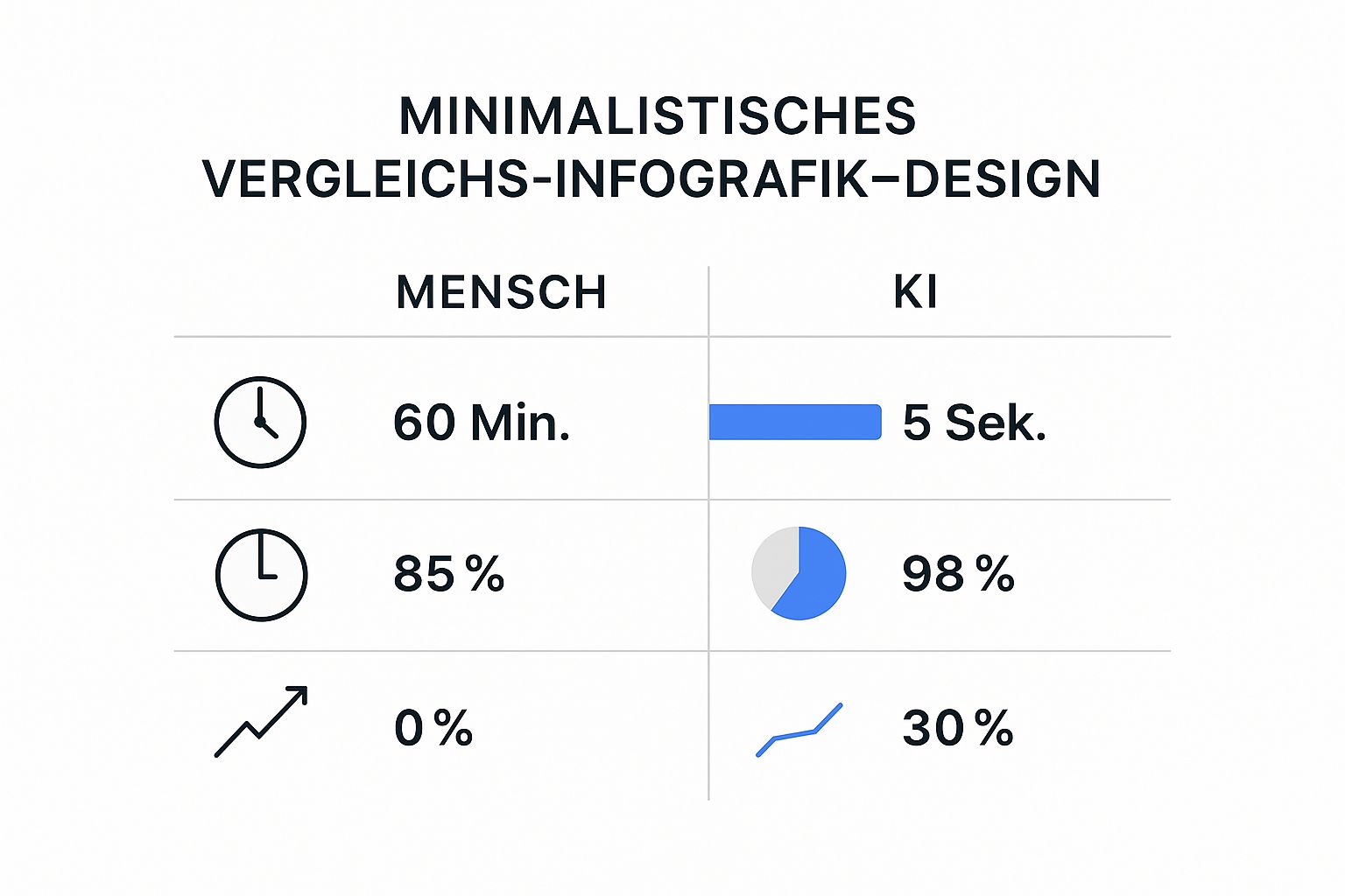Infografik, die die Leistung von Mensch und KI vergleicht bei Antwortzeit, Genauigkeit und Kosteneinsparung.