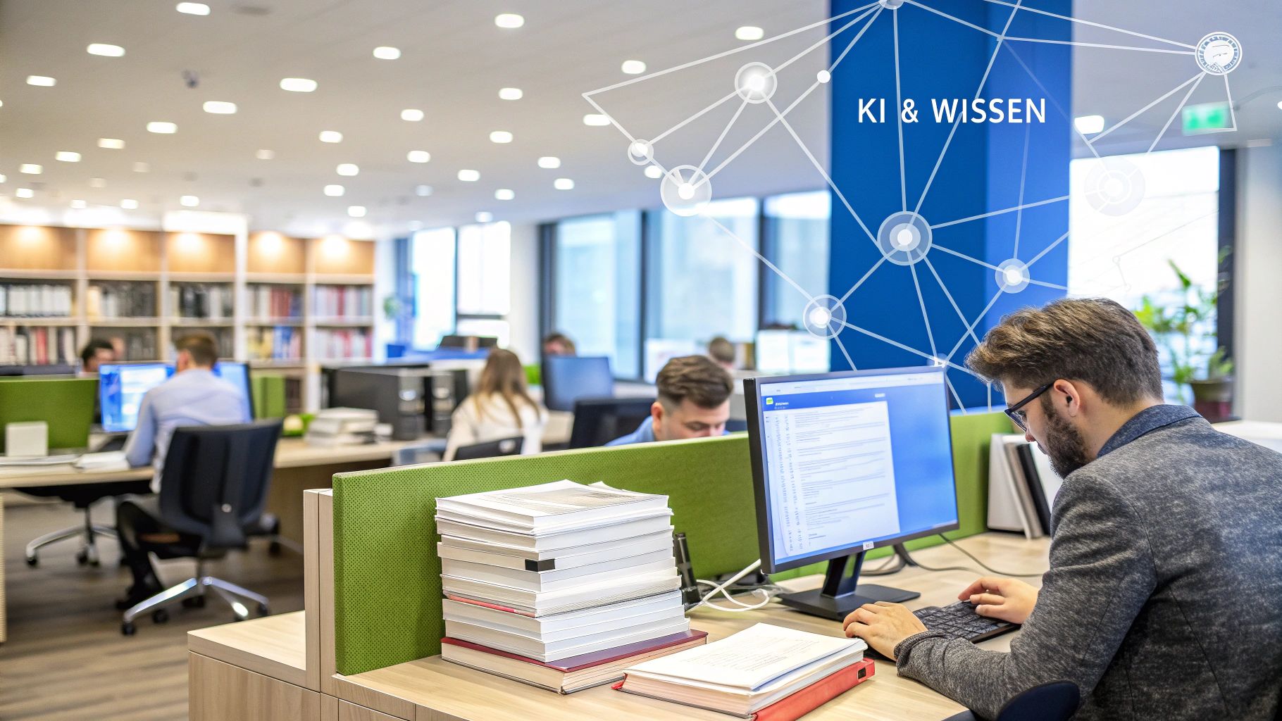 Ein abstraktes Bild, das Datenströme darstellt, die in einen zentralen, leuchtenden Knoten zusammenlaufen, der Wissen symbolisiert.