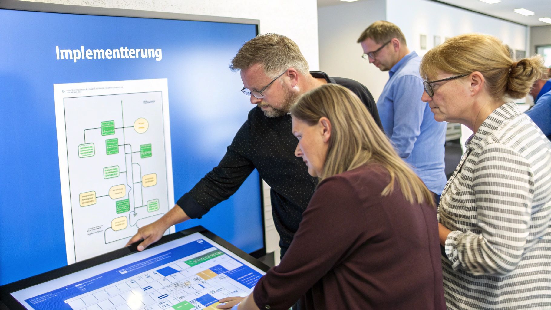 Eine Person blickt frustriert auf einen Laptop-Bildschirm, der eine überladene, unübersichtliche Ordnerstruktur zeigt.