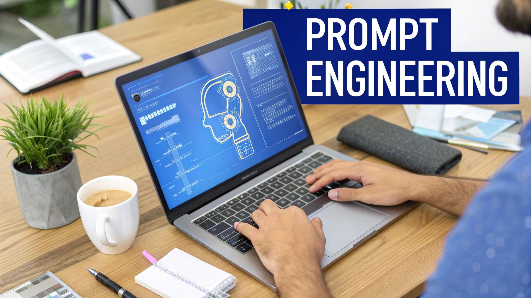 Eine Person, die wie ein Dirigent vor einem leuchtenden neuronalen Netz steht und die KI-Ergebnisse steuert.