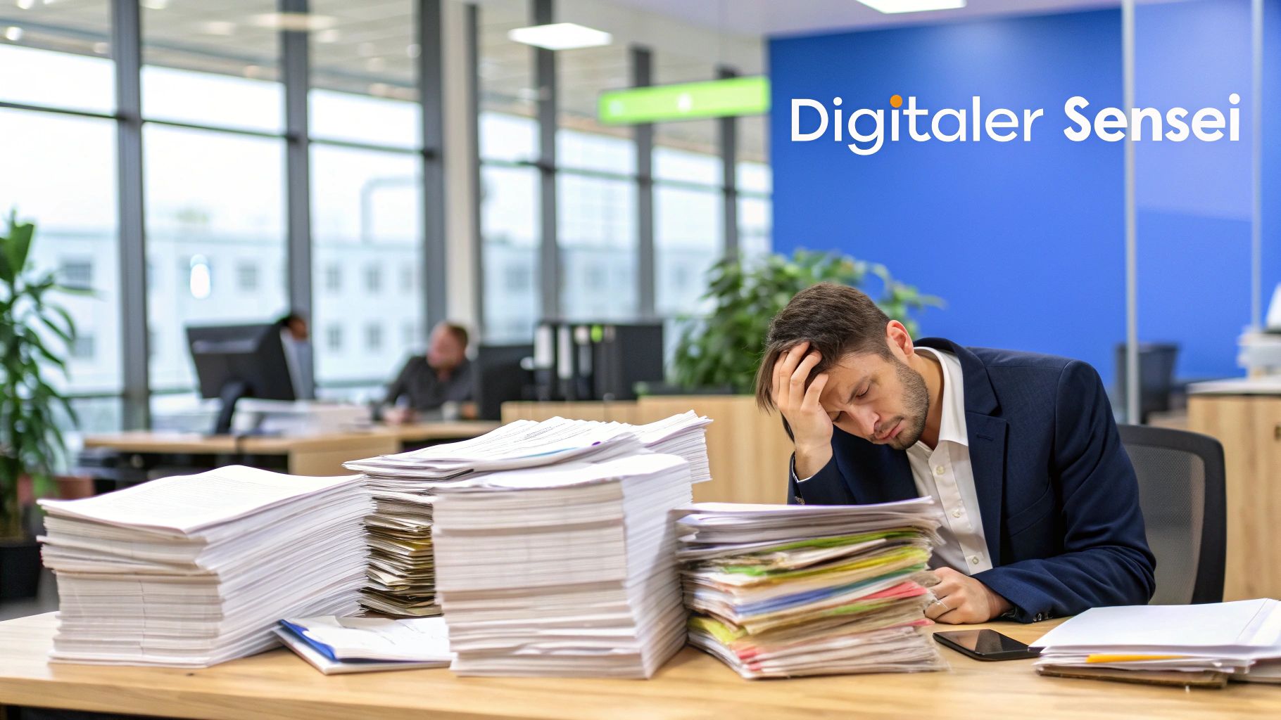 Ein Team arbeitet an einem Kanban-Board, wobei KI-Symbole in die Prozessschritte integriert sind und die Synergie von Lean und Technologie darstellen.