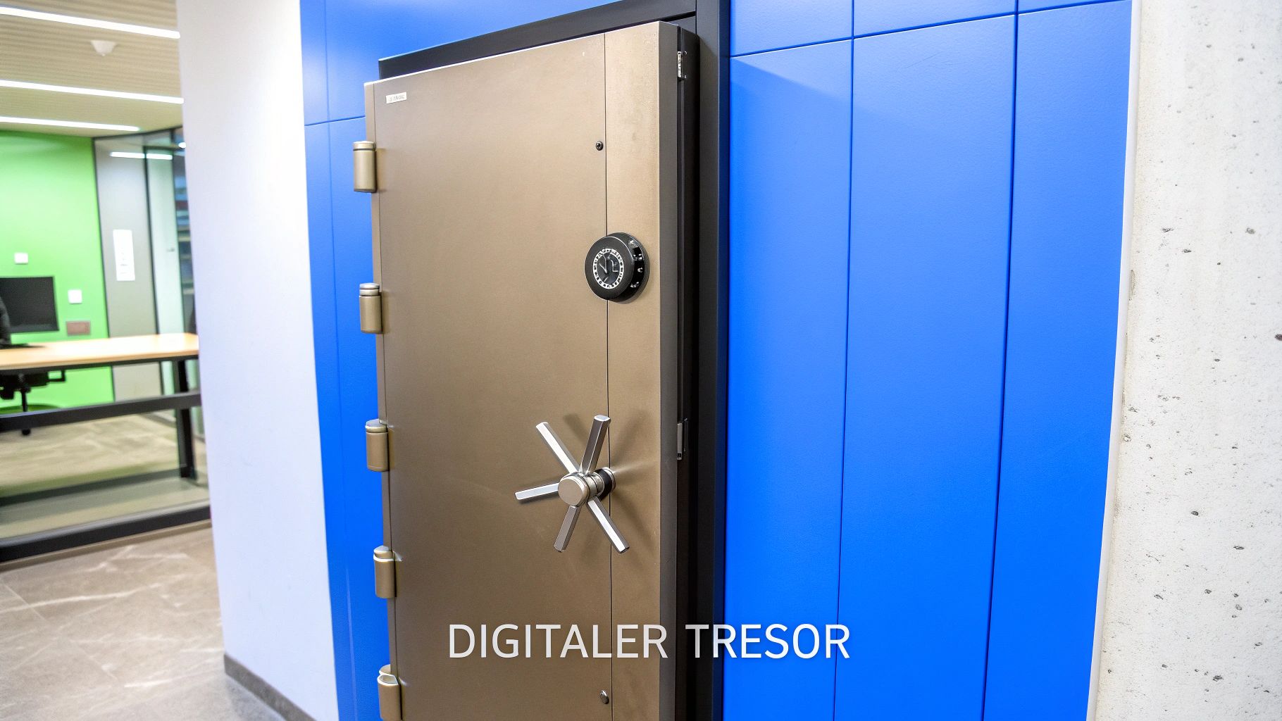 Abstrakte Darstellung eines sicheren digitalen Tresors mit leuchtenden Datenströmen im Inneren.